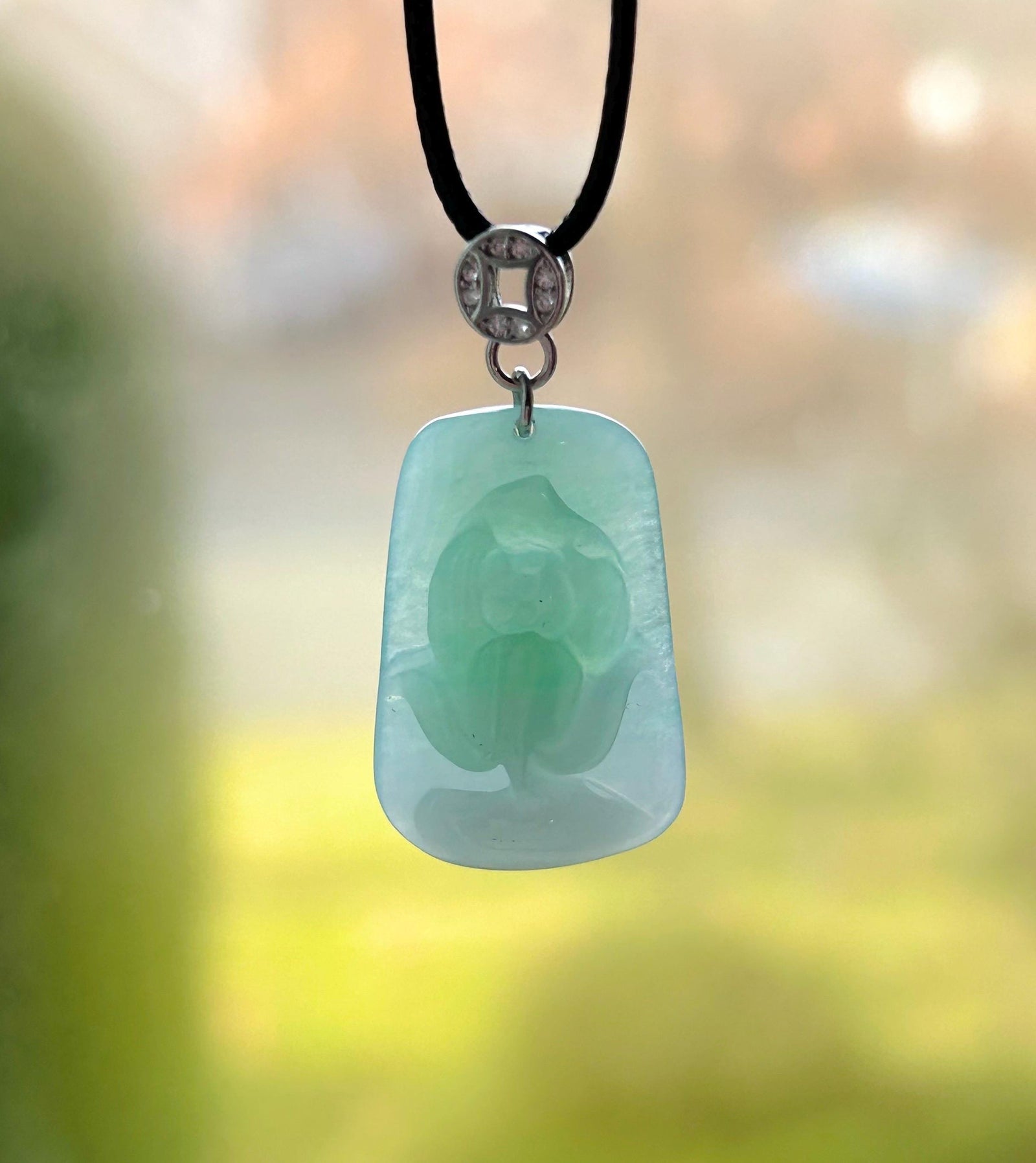 Natural Jadeite Lotus Pendant, Burmese Type A Icy Translucent Icy Apple Green Jade, Sterling Silver Bail