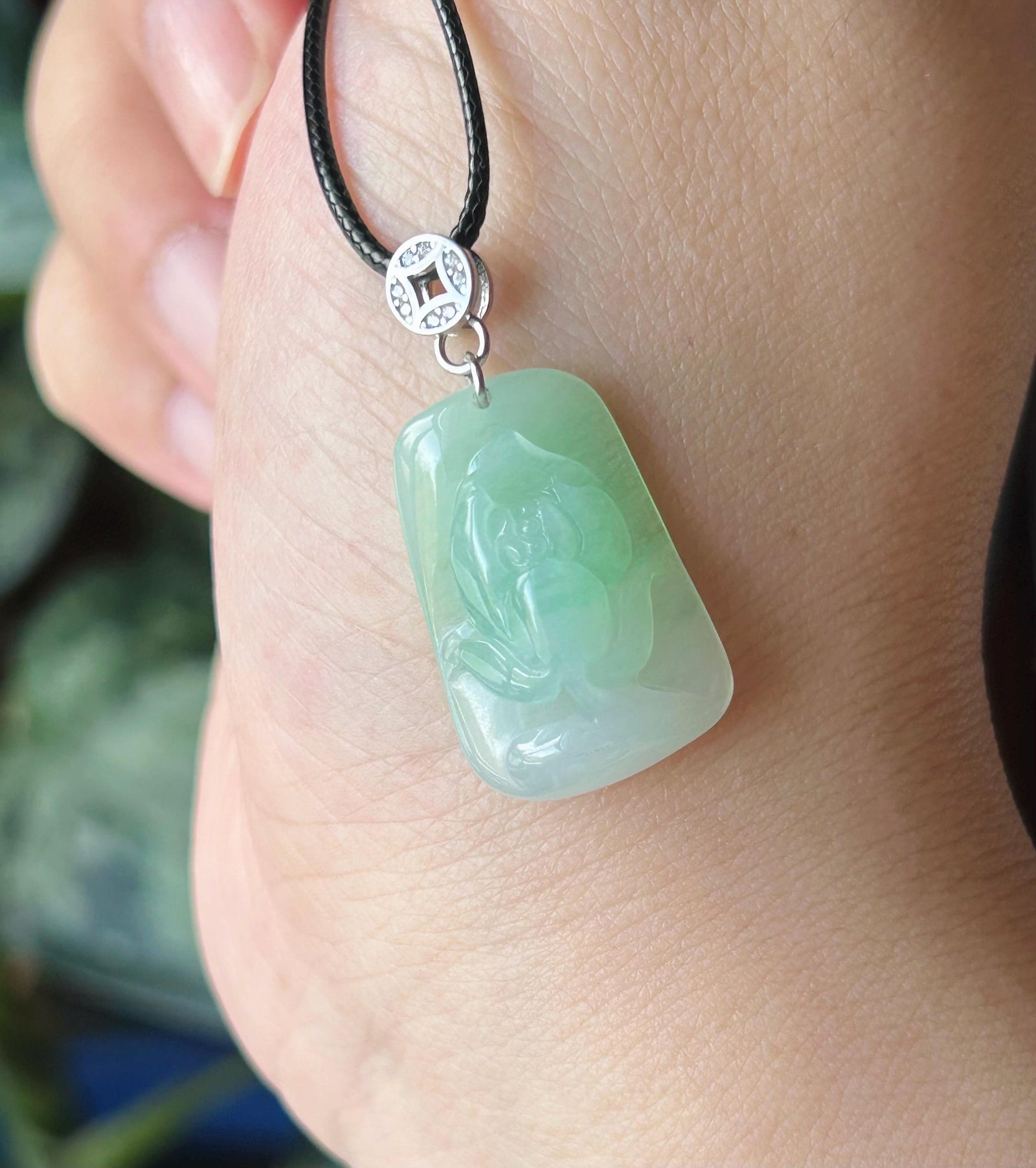 Natural Jadeite Lotus Pendant, Burmese Type A Icy Translucent Icy Apple Green Jade, Sterling Silver Bail