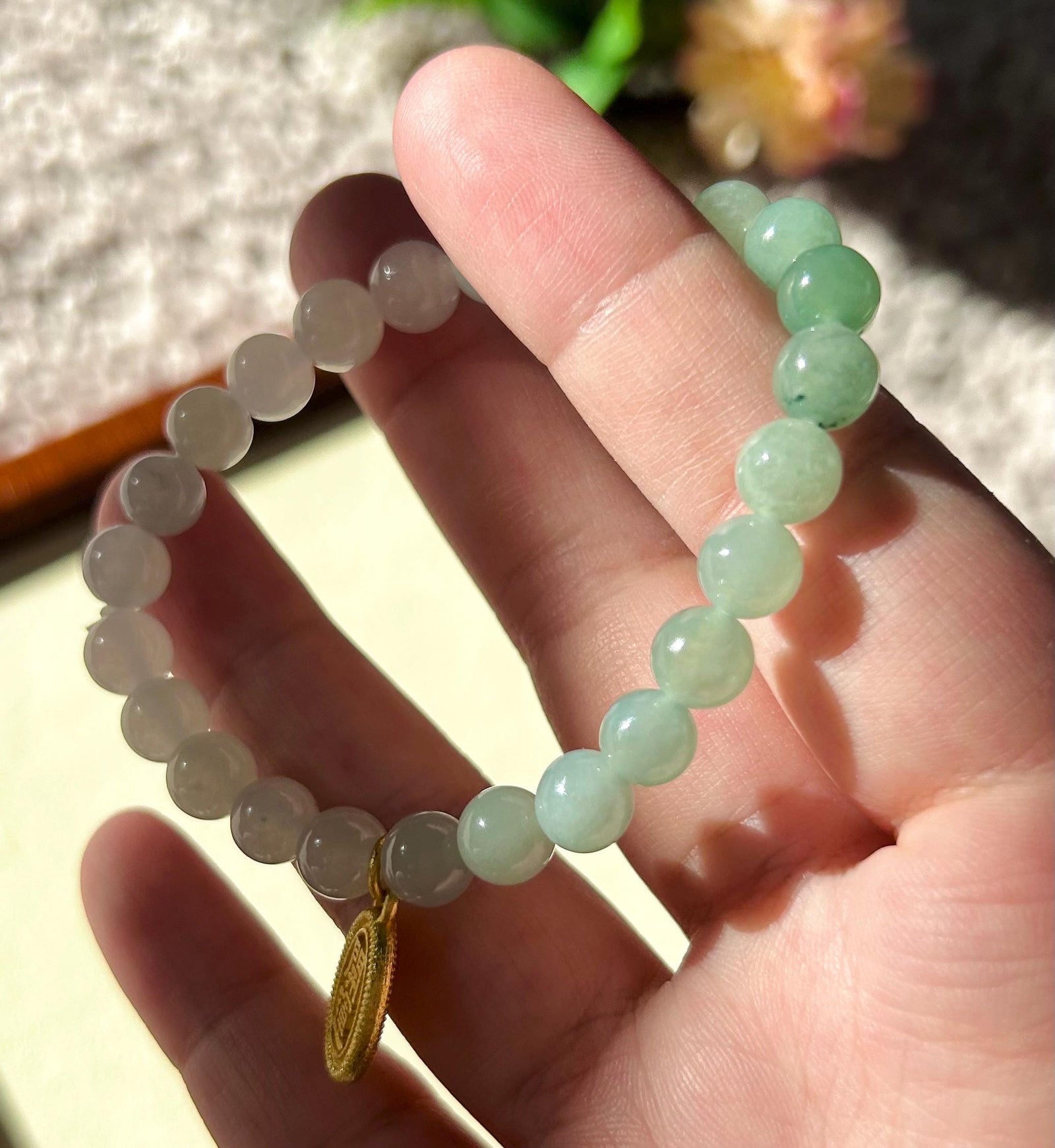 Natural Jadeite Beaded Bracelet Burmese Type A Translucent Icy Green & White Gradient Color Jade 7.3mm