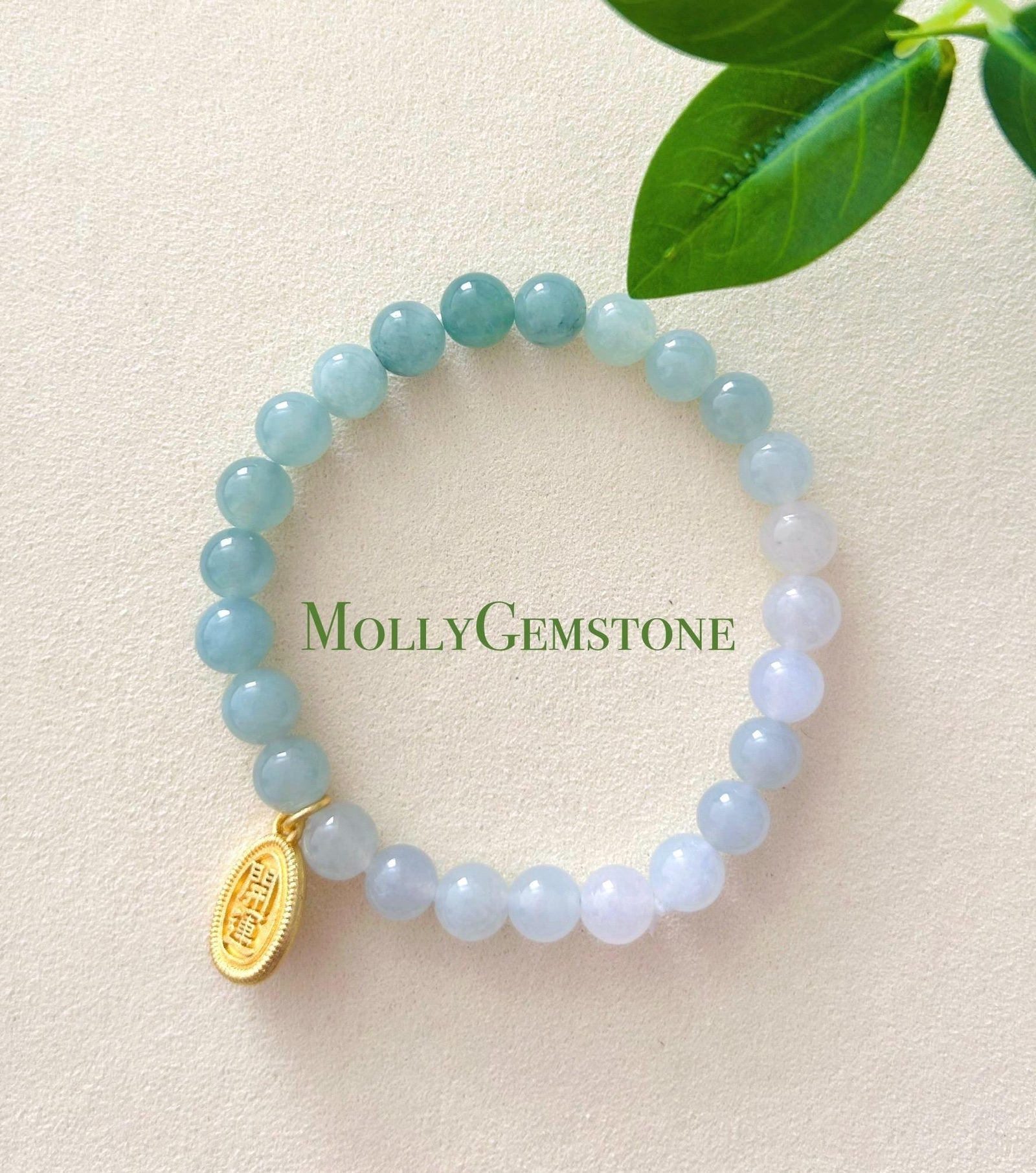 Natural Jadeite Beaded Bracelet Burmese Type A Translucent Icy Green & White Gradient Color Jade 7.3mm