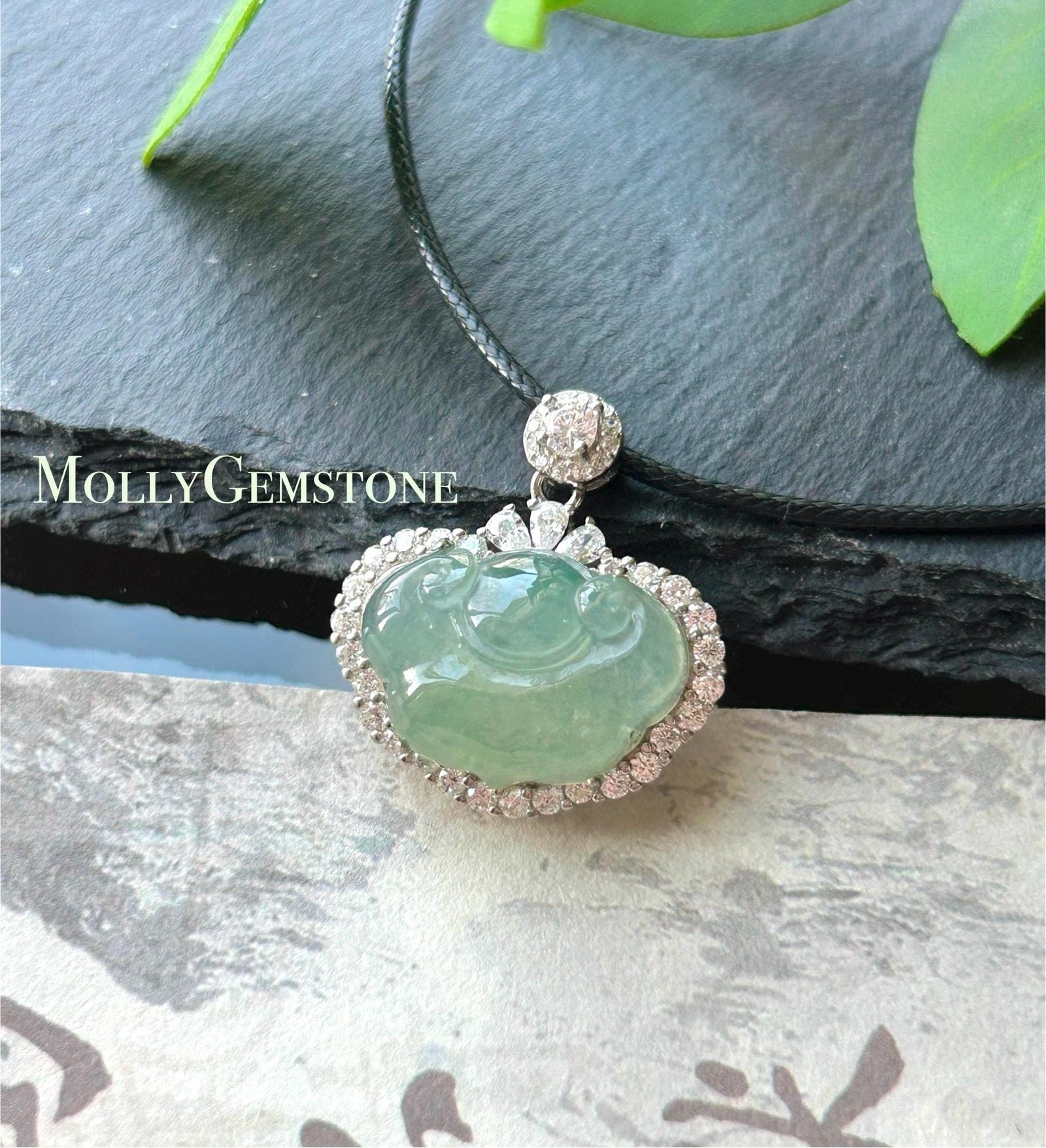 Natural Jadeite RuYi Cloud Pendant, Burmese Type A Highly Translucent Icy Light Green Jade, Sterling Silver Setting
