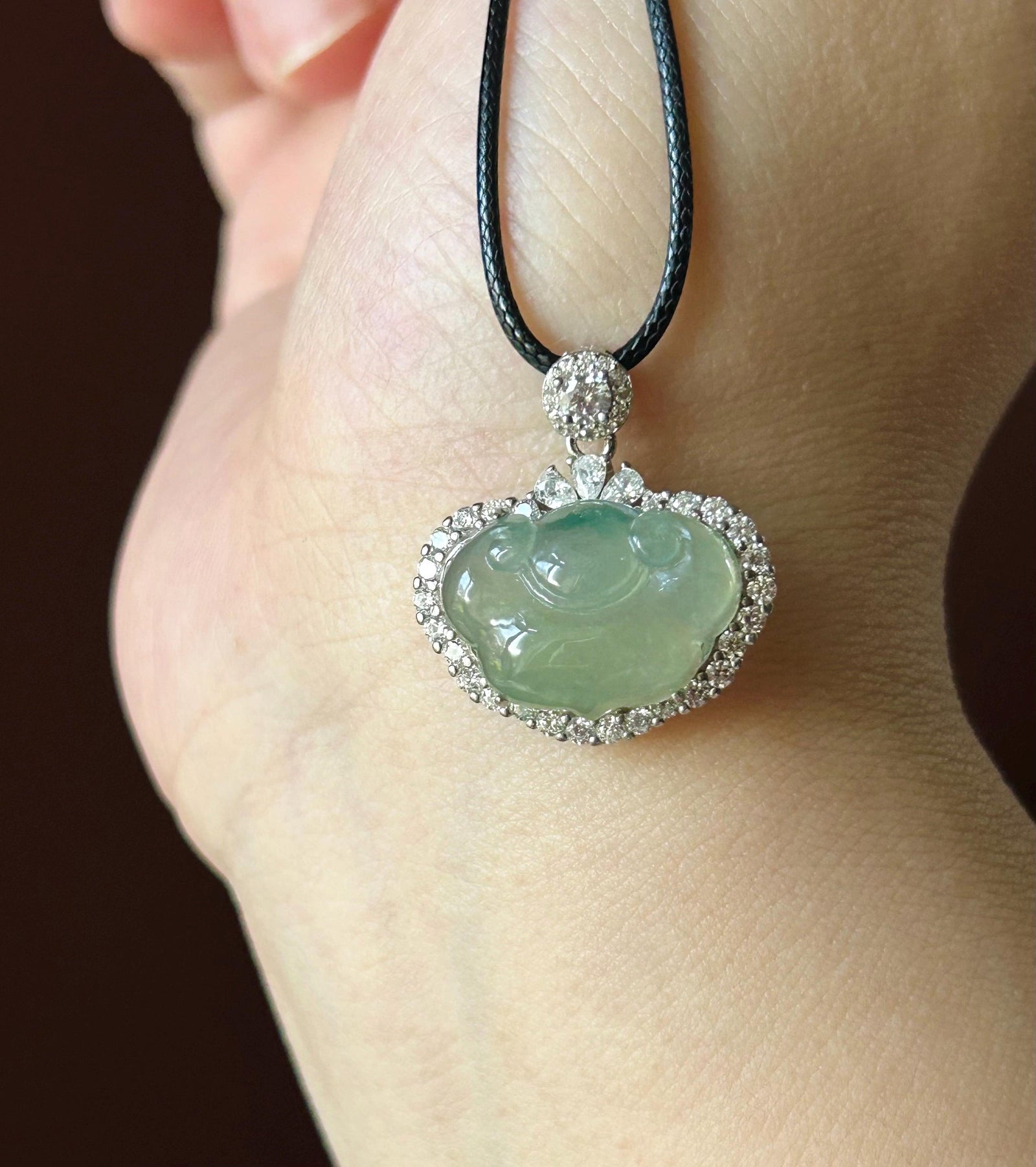 Natural Jadeite RuYi Cloud Pendant, Burmese Type A Highly Translucent Icy Light Green Jade, Sterling Silver Setting