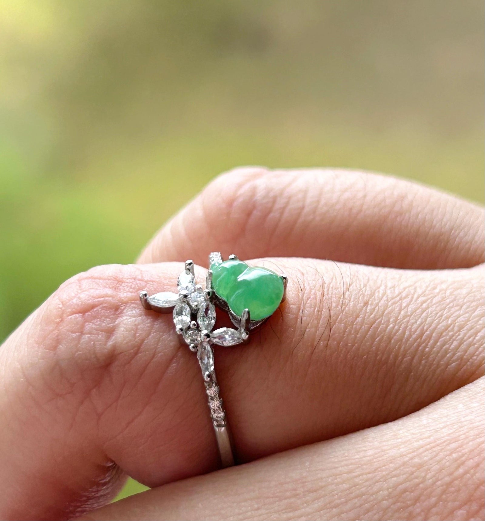 Natural Jadeite Petite Gourd Adjustable RingBurmese Type A Translucent Icy Green Jade HuluSterling Silver