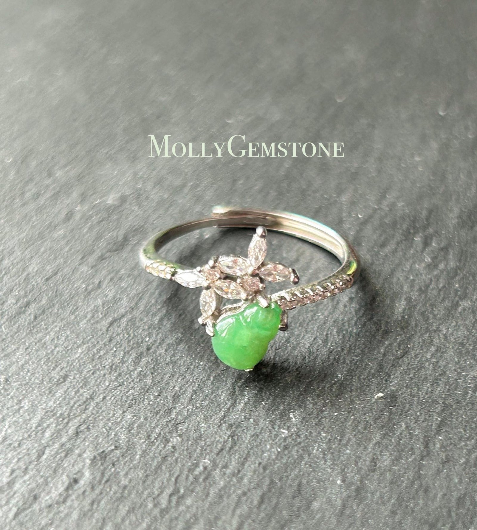 Natural Jadeite Petite Gourd Adjustable RingBurmese Type A Translucent Icy Green Jade HuluSterling Silver