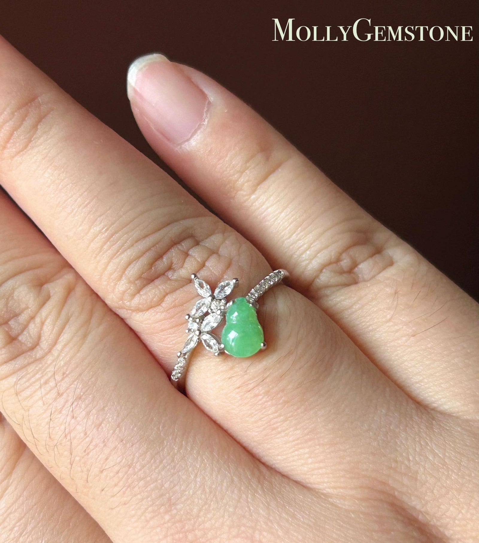 Natural Jadeite Petite Gourd Adjustable RingBurmese Type A Translucent Icy Green Jade HuluSterling Silver