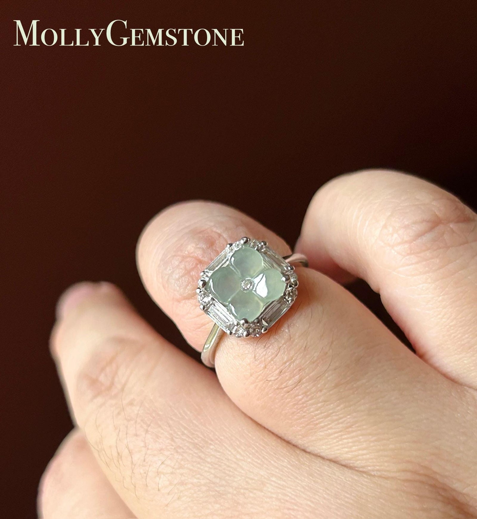 Certified Natural Jadeite Osmanthus Floral Adjustable RingBurmese Type A Highly Translucent Icy Dusty Blue JadeSterling Silver
