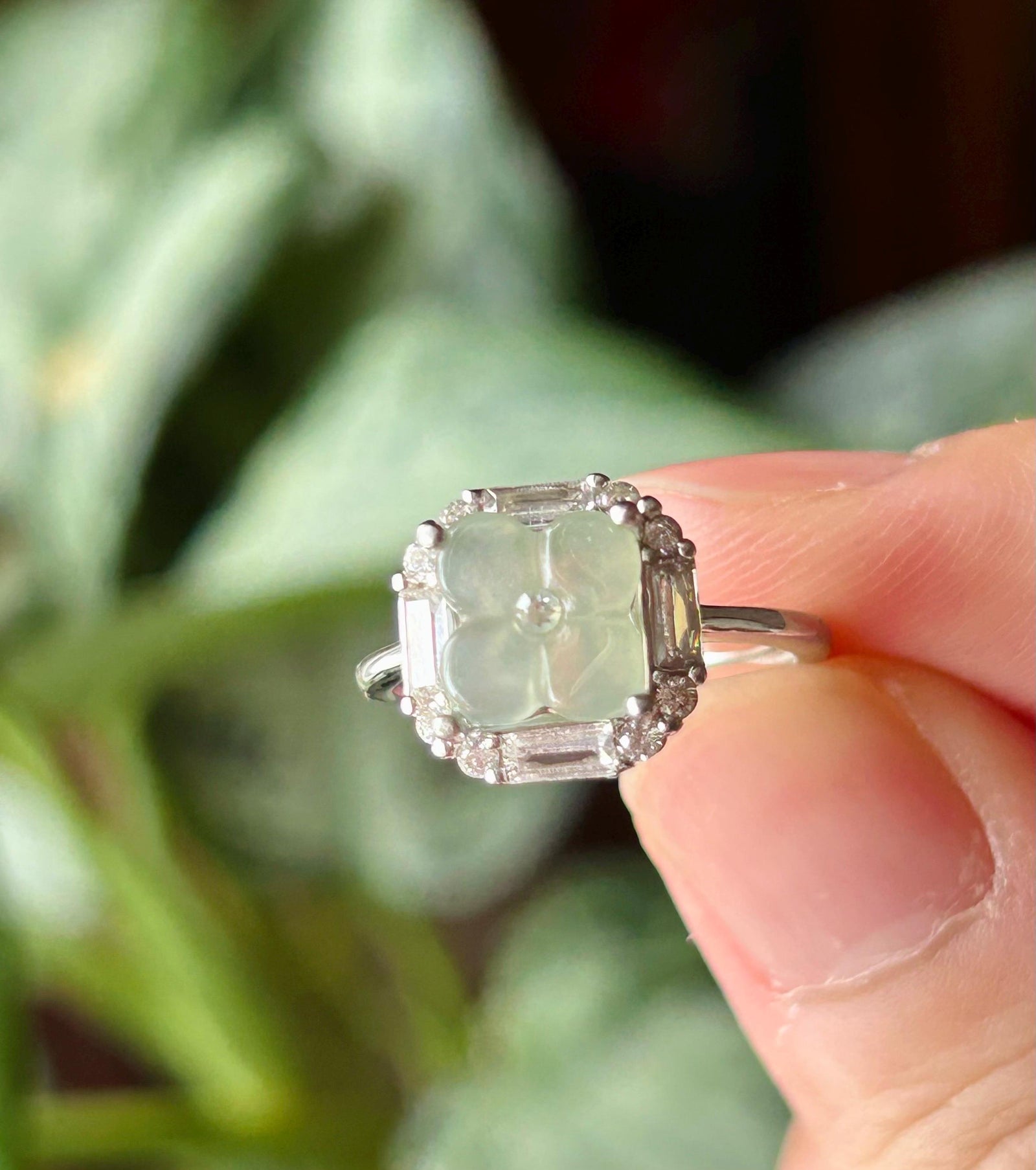 Certified Natural Jadeite Osmanthus Floral Adjustable RingBurmese Type A Highly Translucent Icy Dusty Blue JadeSterling Silver