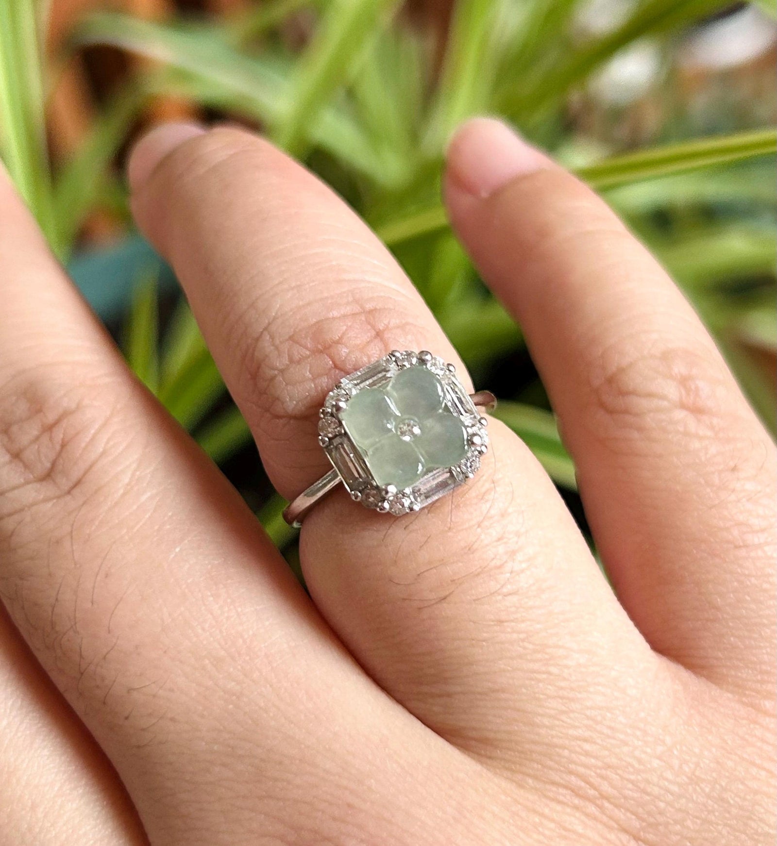 Certified Natural Jadeite Osmanthus Floral Adjustable RingBurmese Type A Highly Translucent Icy Dusty Blue JadeSterling Silver