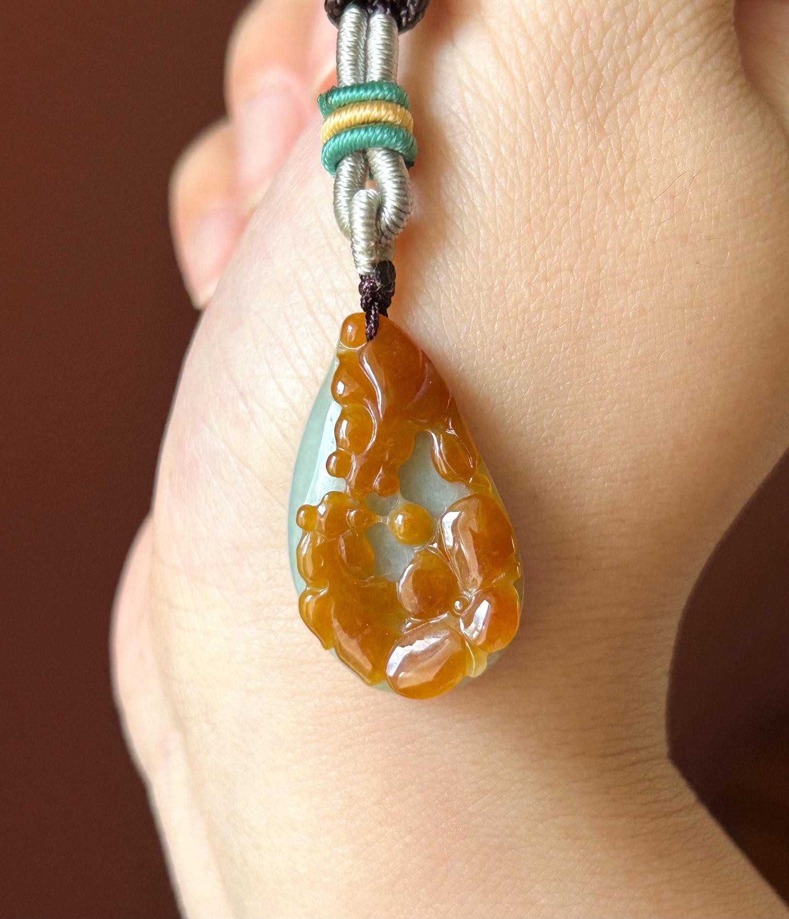 Natural Jadeite Pendant, Lotus and Koi Carving, Burmese Type A Icy Translucent Red Jade, Symbol of Abundance
