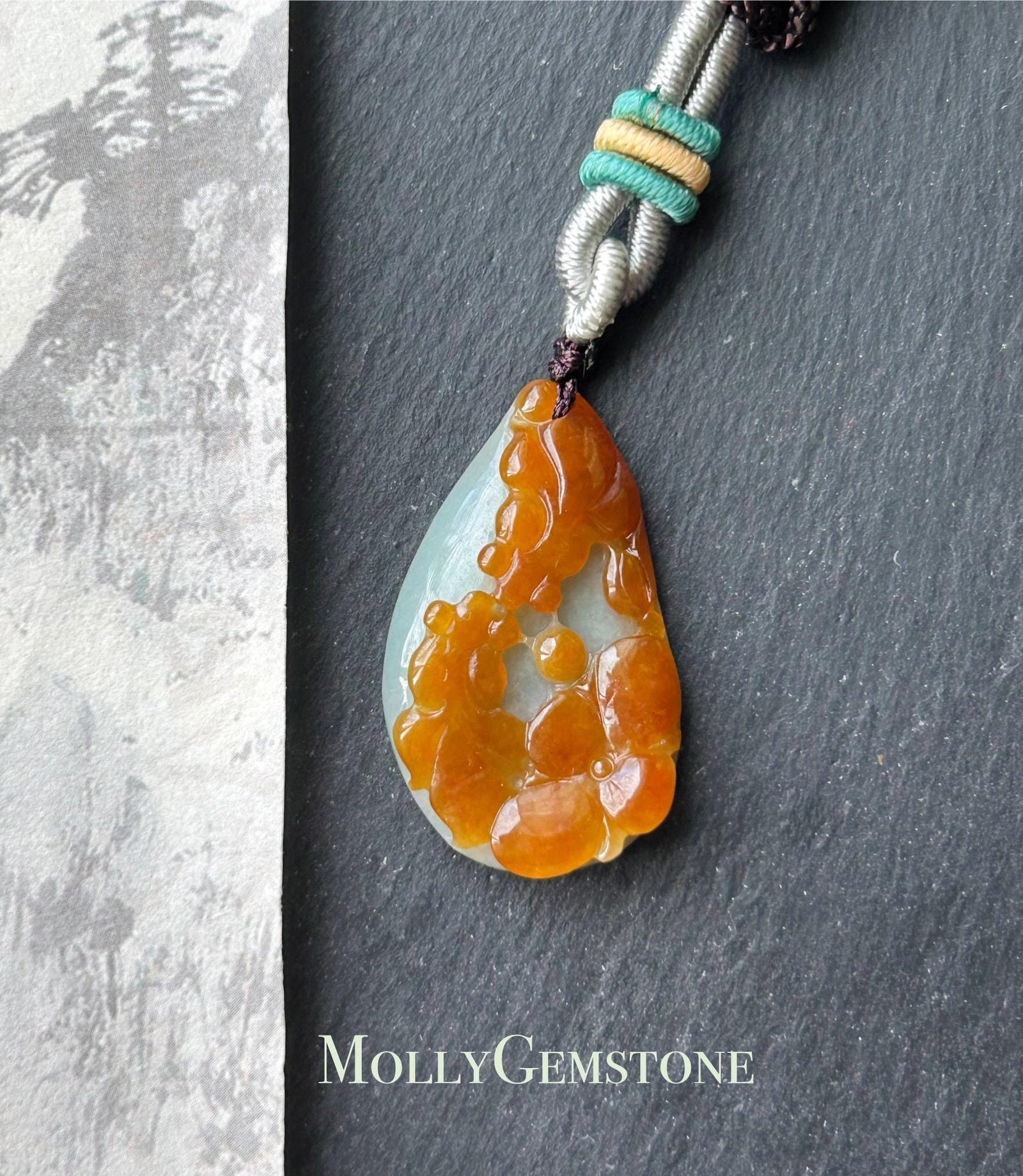 Natural Jadeite Pendant, Lotus and Koi Carving, Burmese Type A Icy Translucent Red Jade, Symbol of Abundance