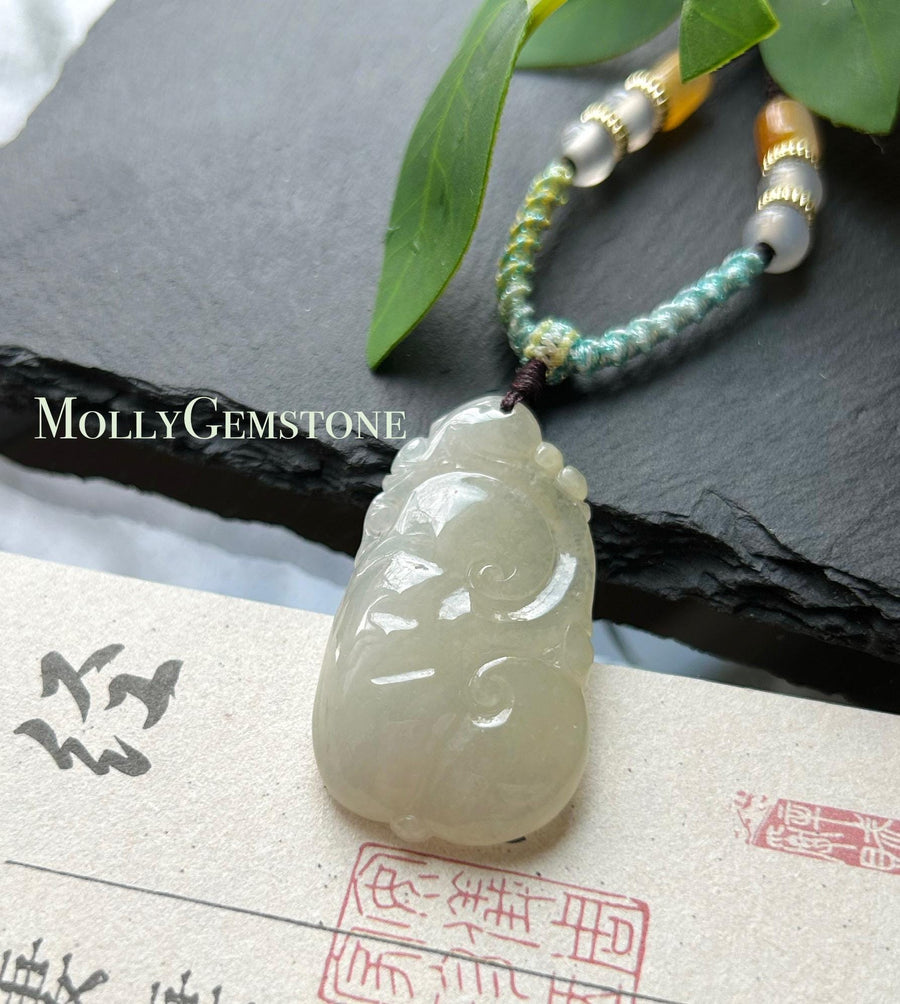 Natural Burmese Type A Jadeite Ruyi Pendant, Icy Light Yellow Translucent Jade, New Year Blessing