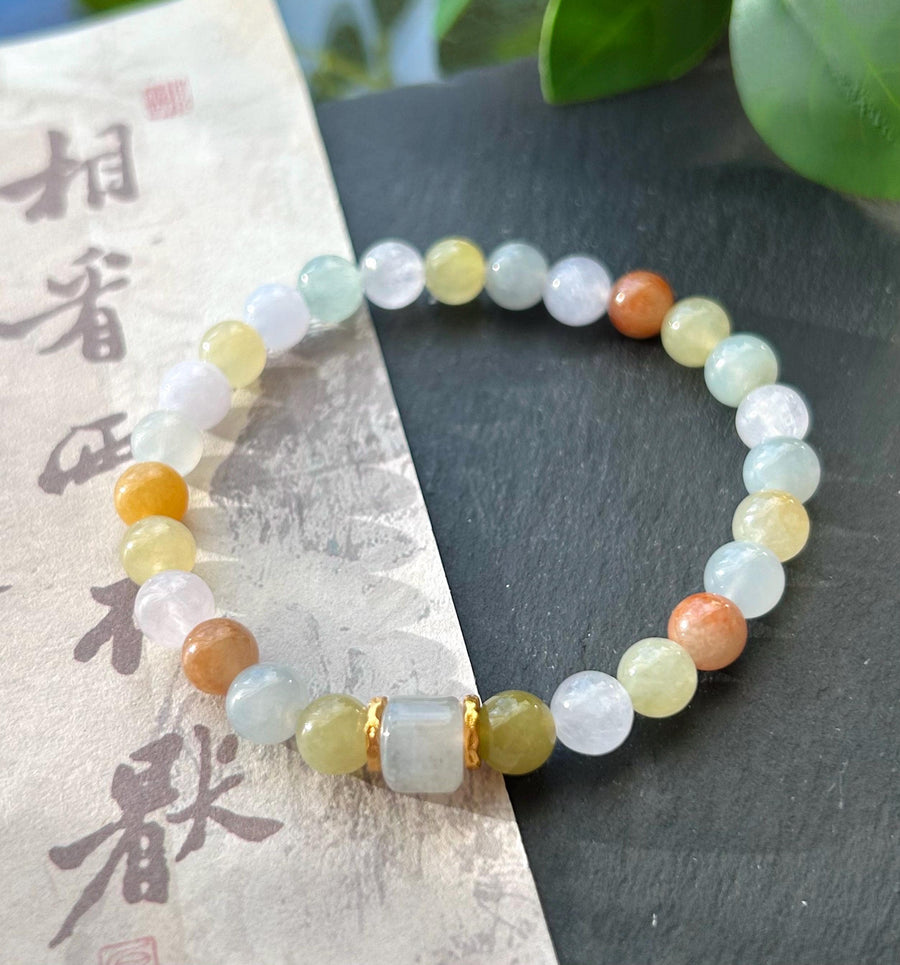 Natural MultiColor Jadeite Bracelet, Type A Burmese Highly Translucent Icy Lavender Yellow Red Warm Color Jade