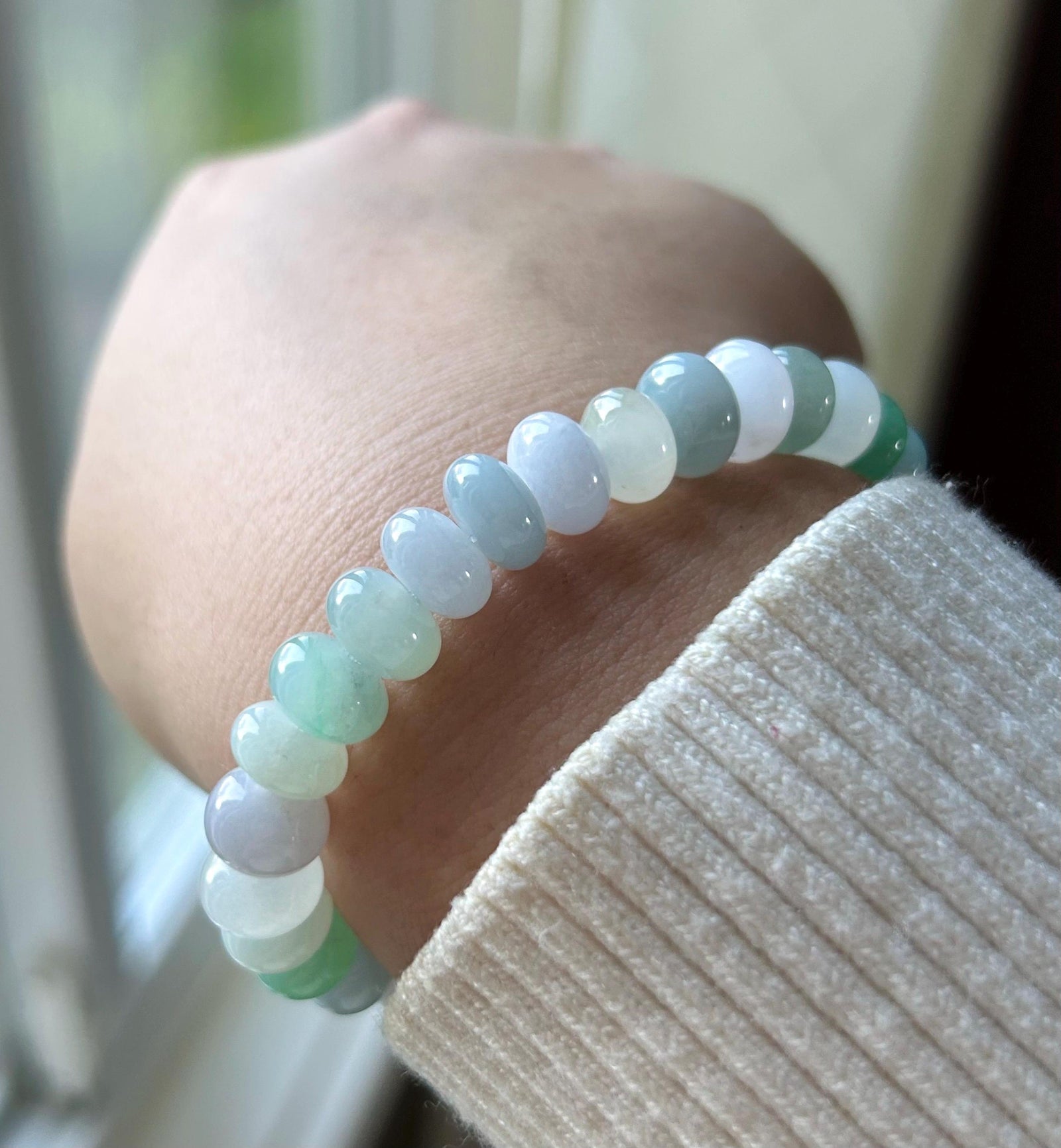 Natural Jadeite Multi-Color Beaded Bracelet, Burmese Type A Icy Translucent Pastel Jade, Soft Tone Jewelry