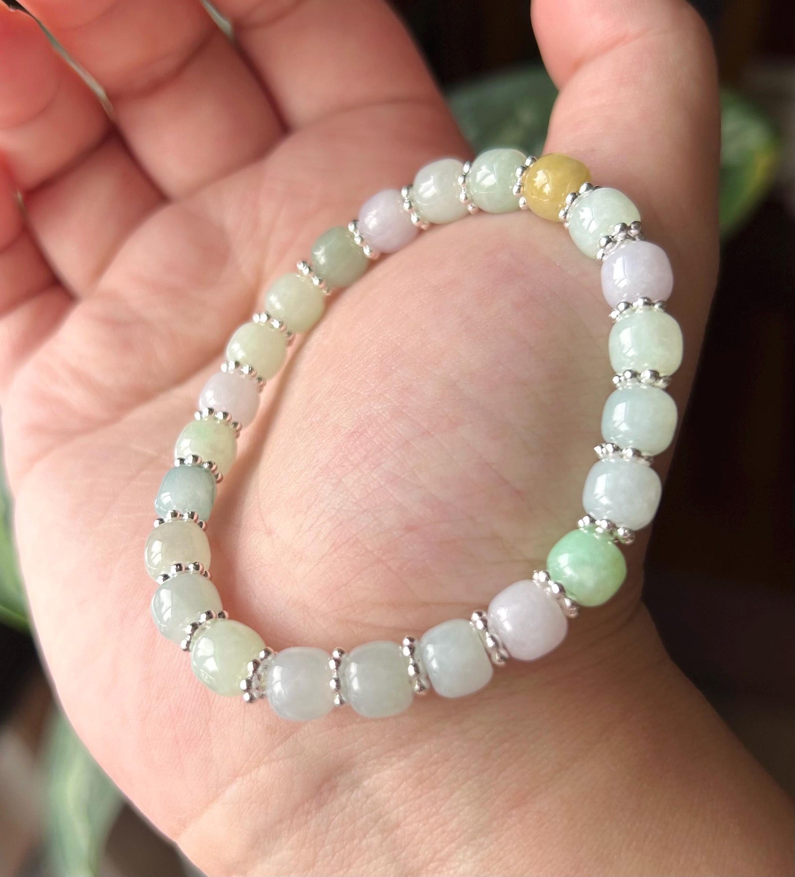 Natural Jadeite Beaded Bracelet, Burmese Type A Icy Translucent Macaron Multicolor 7.2mm Jade