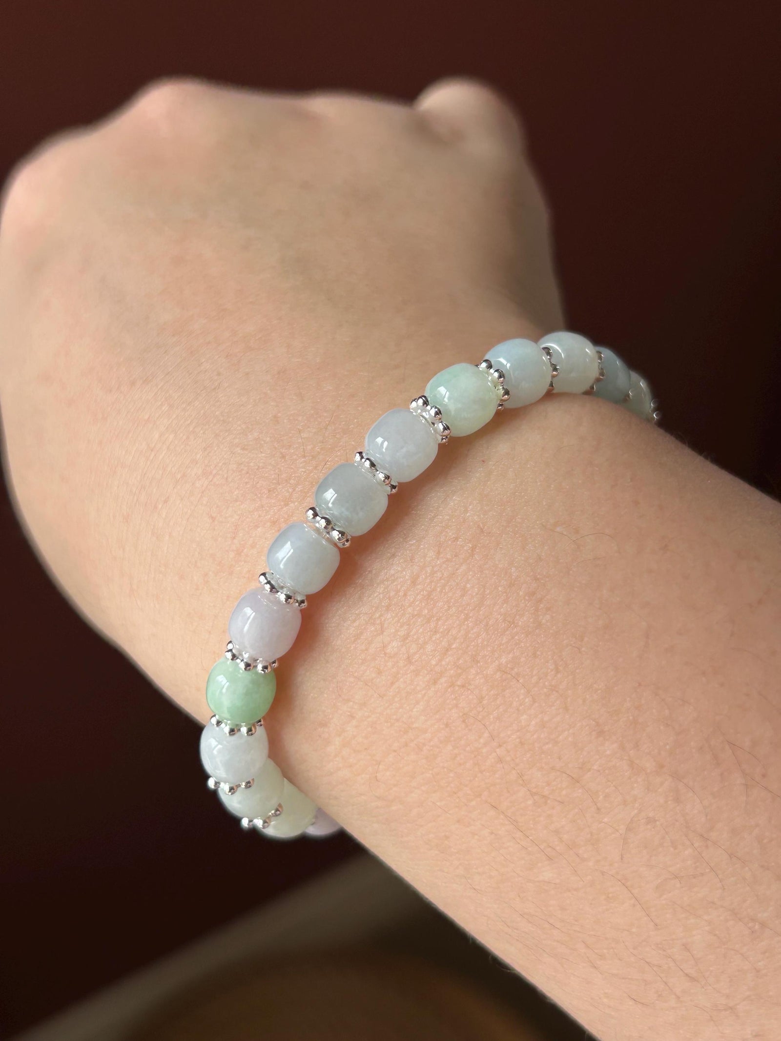 Natural Jadeite Beaded Bracelet, Burmese Type A Icy Translucent Macaron Multicolor 7.2mm Jade