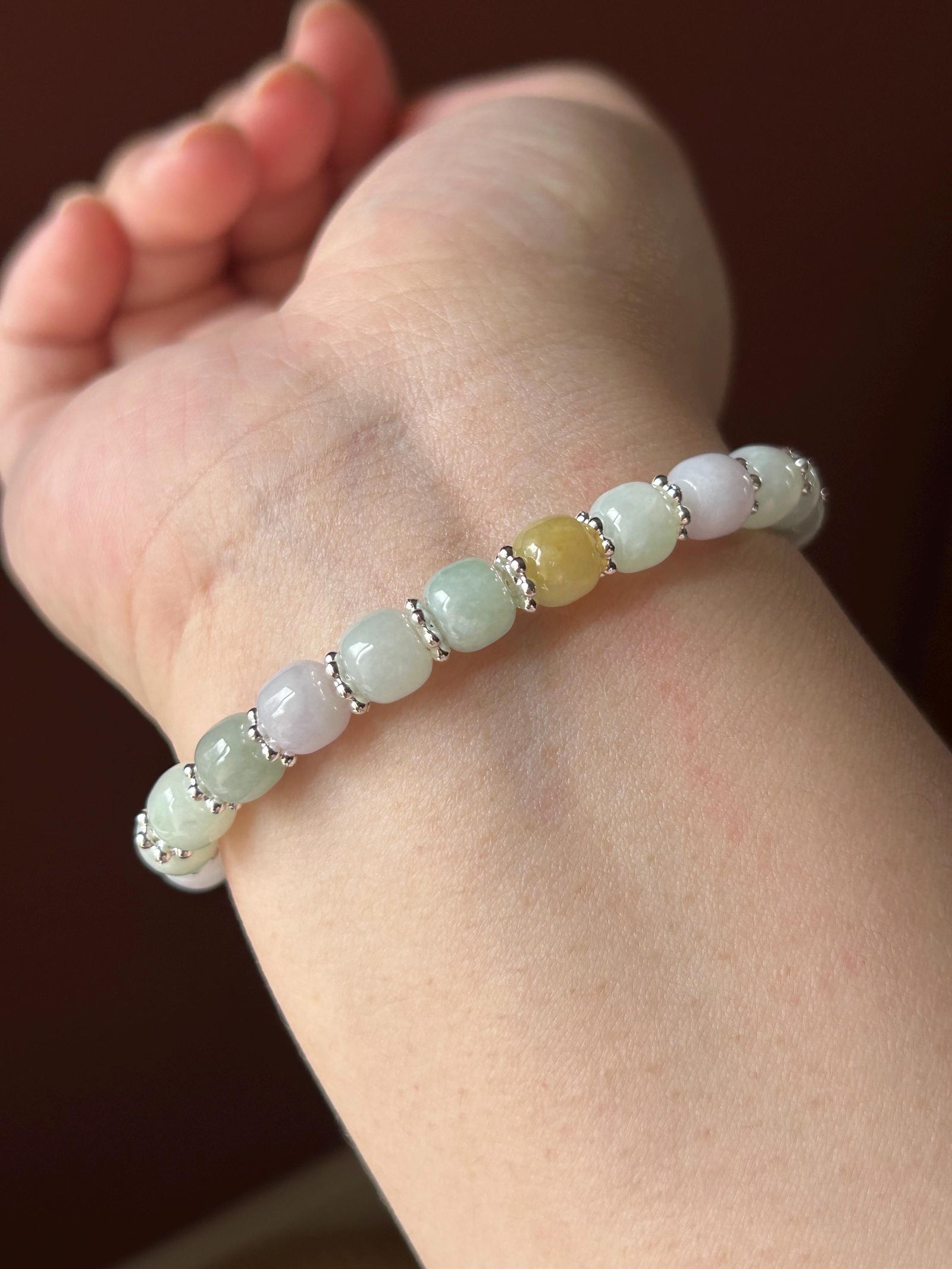 Natural Jadeite Beaded Bracelet, Burmese Type A Icy Translucent Macaron Multicolor 7.2mm Jade