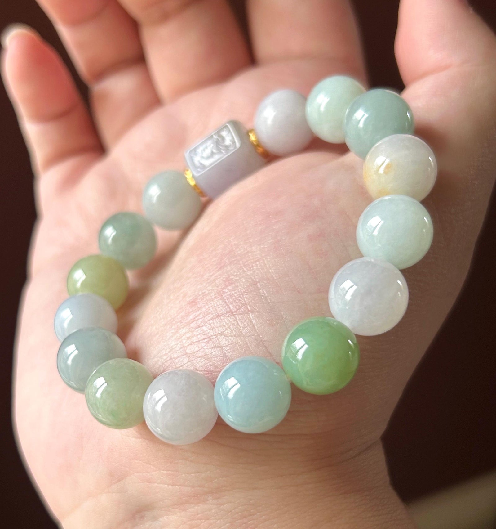 Natural Jadeite BIG Bead Bracelet, Type A Burmese Icy Gelatinous Multicolor Jade, Six-Syllable Mantra Carved Center, Spiritual Jewelry