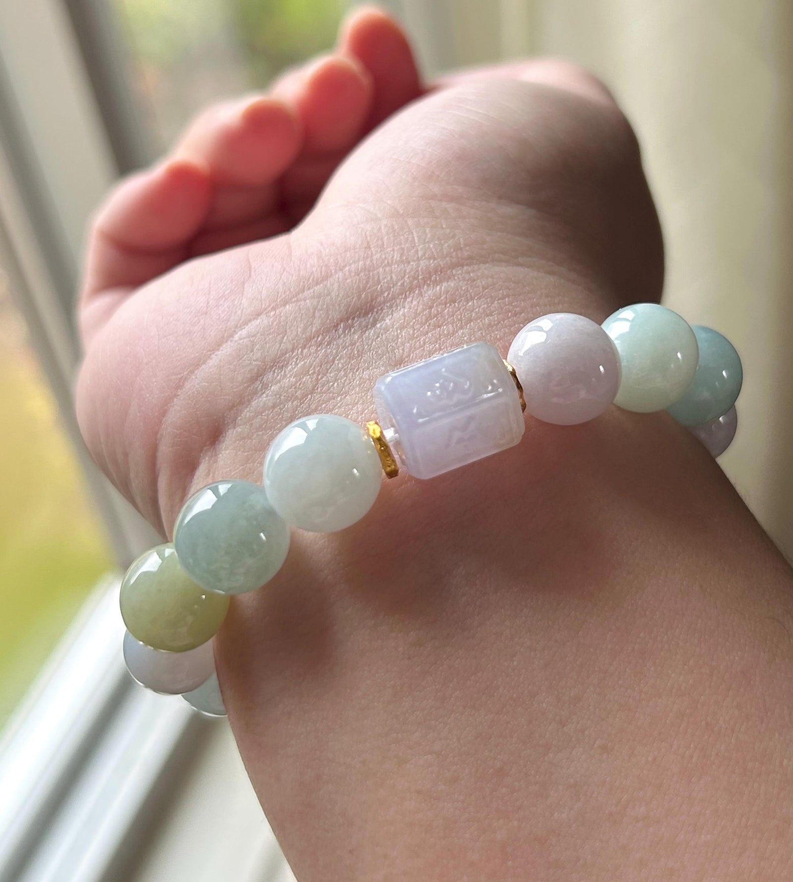 Natural Jadeite BIG Bead Bracelet, Type A Burmese Icy Gelatinous Multicolor Jade, Six-Syllable Mantra Carved Center, Spiritual Jewelry