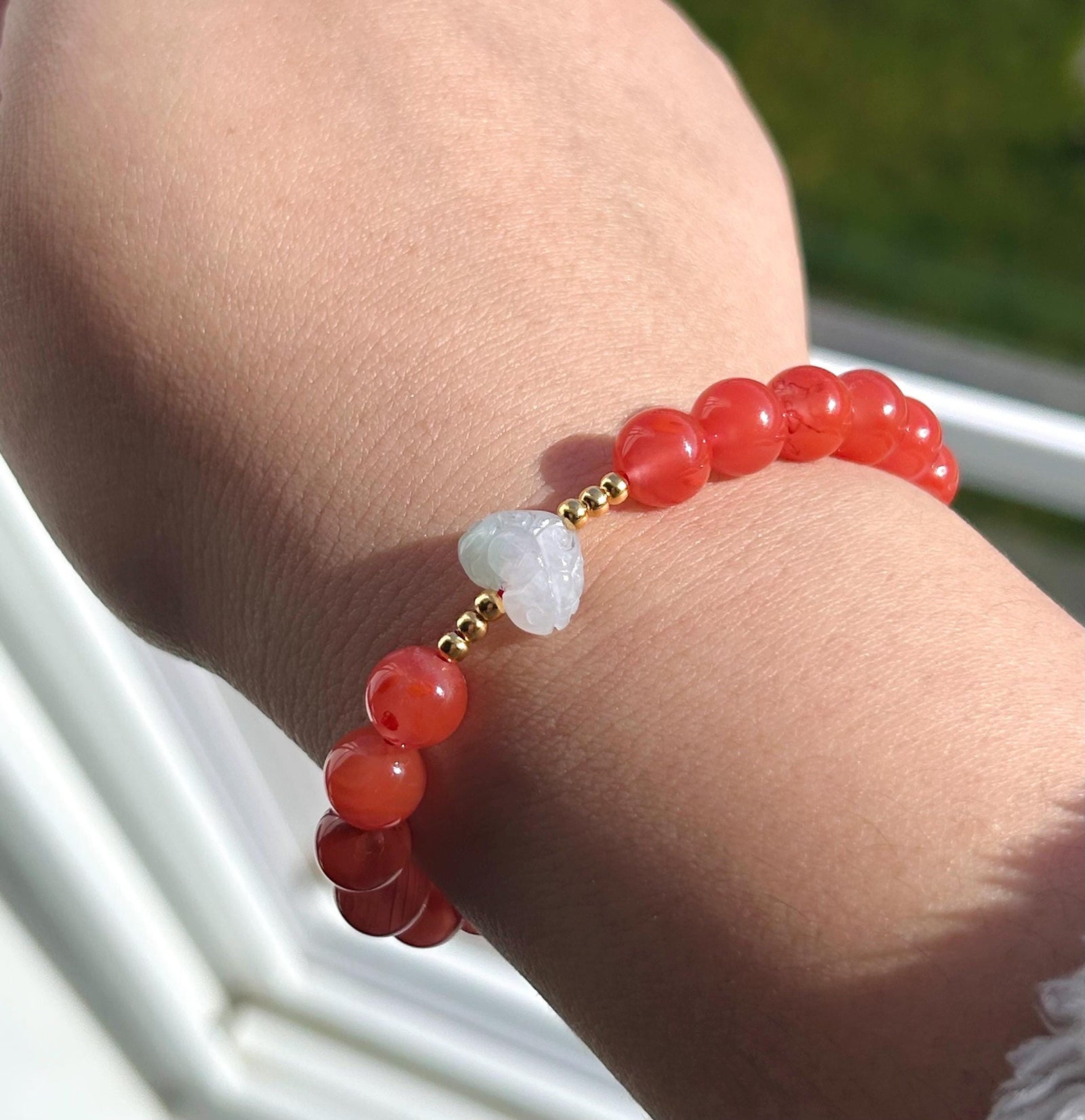 Natural Nanhong Agate Bracelet with Burmese Type A Icy Jadeite Focal Bead, 8mm Translucent Red Agate & Jade Bracelet