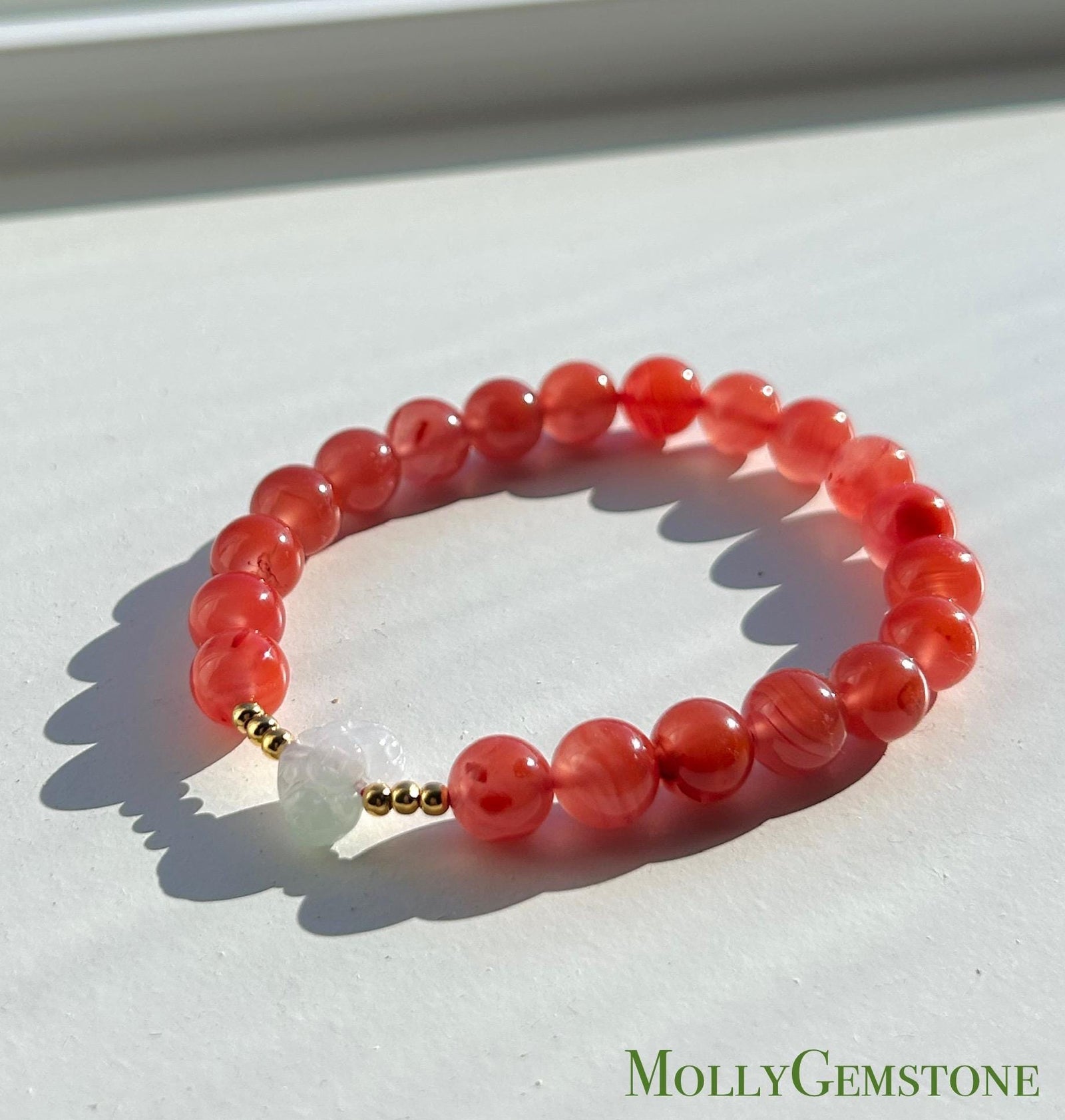 Natural Nanhong Agate Bracelet with Burmese Type A Icy Jadeite Focal Bead, 8mm Translucent Red Agate & Jade Bracelet