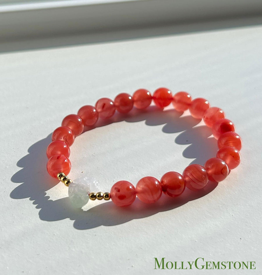 Natural Nanhong Agate Bracelet with Burmese Type A Icy Jadeite Focal Bead, 8mm Translucent Red Agate & Jade Bracelet