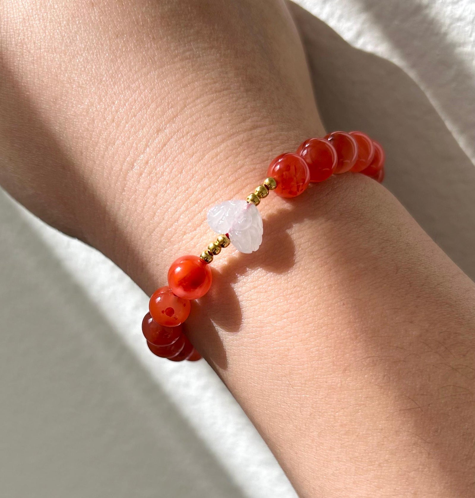 Natural Nanhong Agate Bracelet with Burmese Type A Icy Jadeite Focal Bead, 8mm Translucent Red Agate & Jade Bracelet