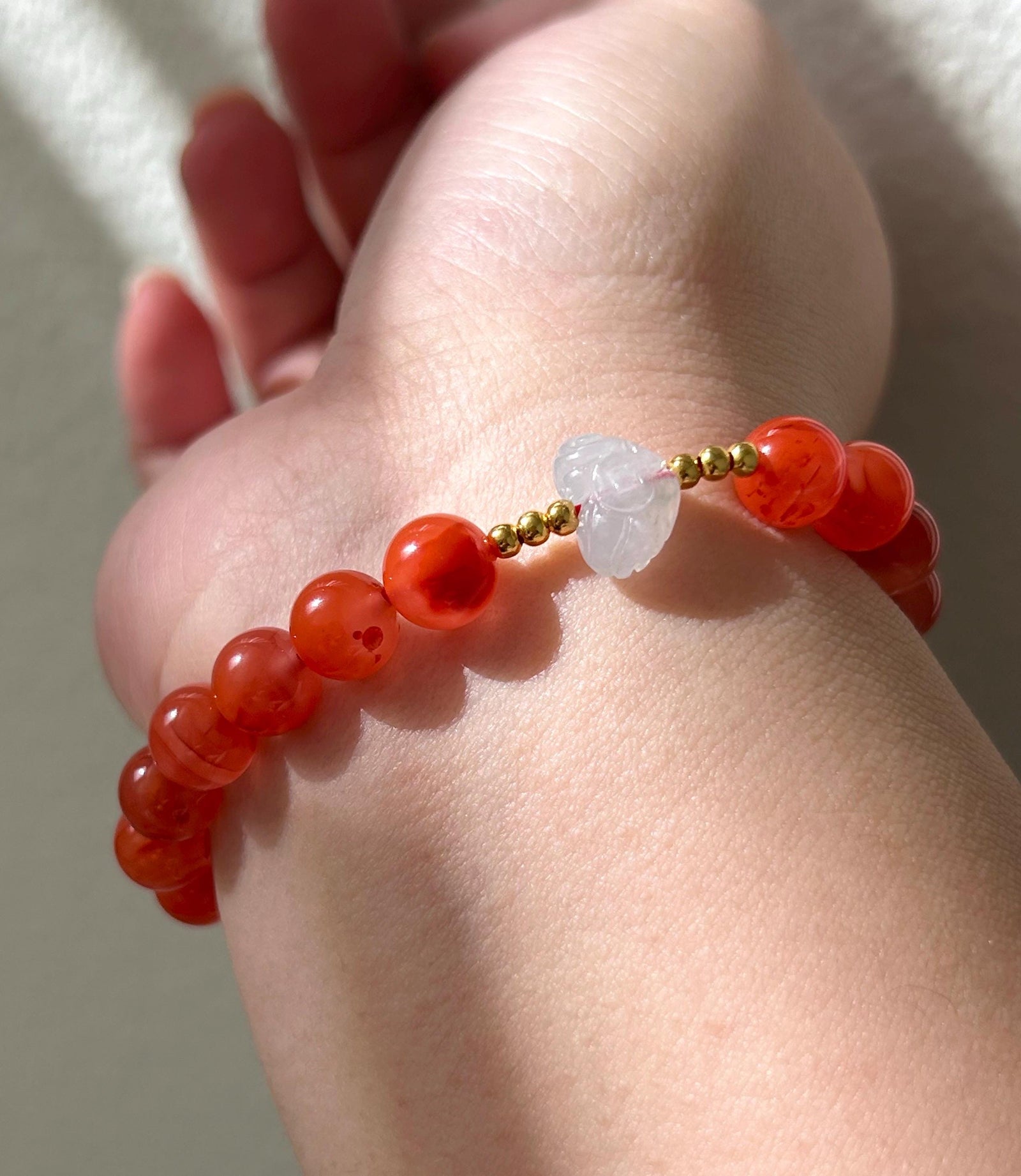 Natural Nanhong Agate Bracelet with Burmese Type A Icy Jadeite Focal Bead, 8mm Translucent Red Agate & Jade Bracelet