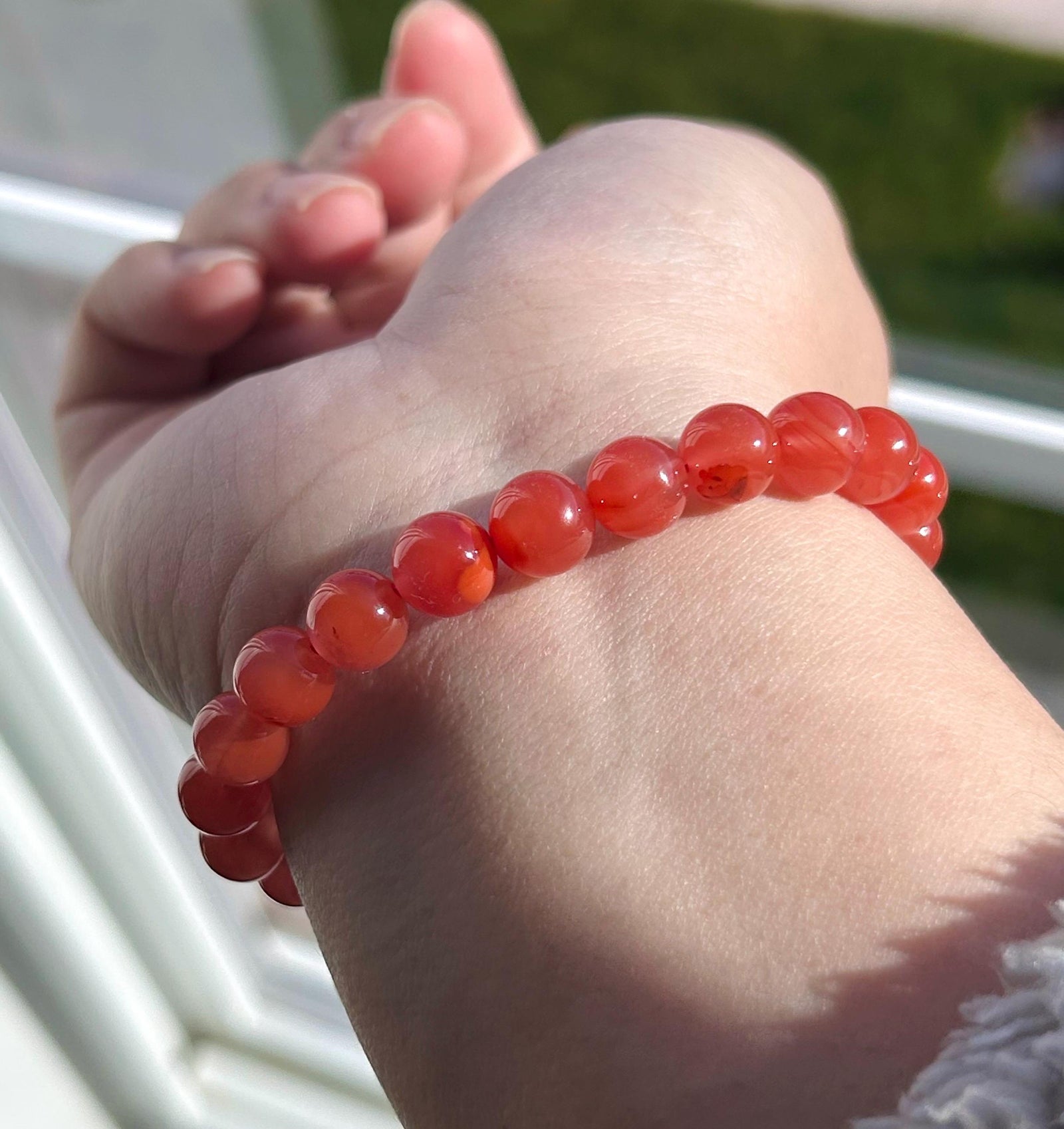 Natural Nanhong Agate Bracelet with Burmese Type A Icy Jadeite Focal Bead, 8mm Translucent Red Agate & Jade Bracelet