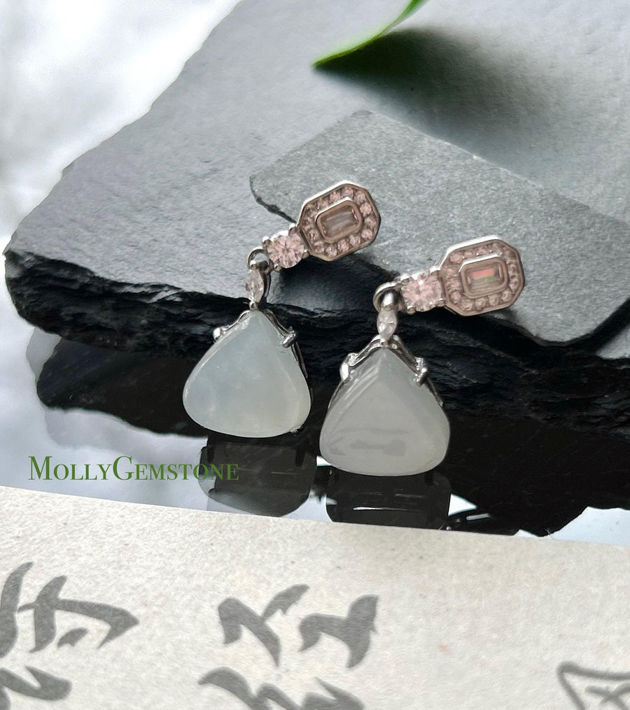 Natural Jadeite Ice Glow Drop Earrings, Burmese White Snowlight Translucent Jade in 925 Silver Minimalist Jewelry