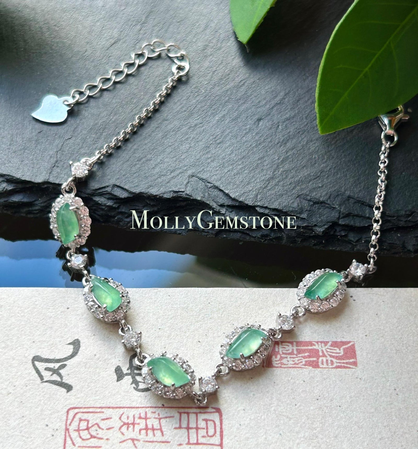 Natural Jadeite Marquise Bracelet, Burmese Type A Superior Translucency Icy White or Mint Green Fine Jade in 925 Sterling Silver
