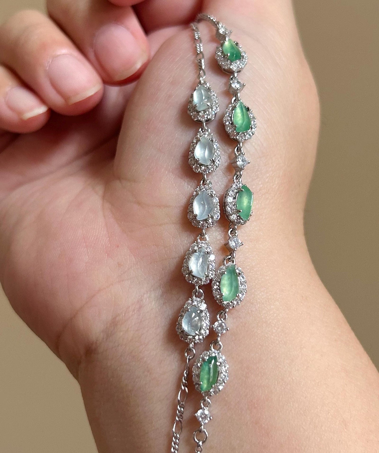 Natural Jadeite Marquise Bracelet, Burmese Type A Superior Translucency Icy White or Mint Green Fine Jade in 925 Sterling Silver
