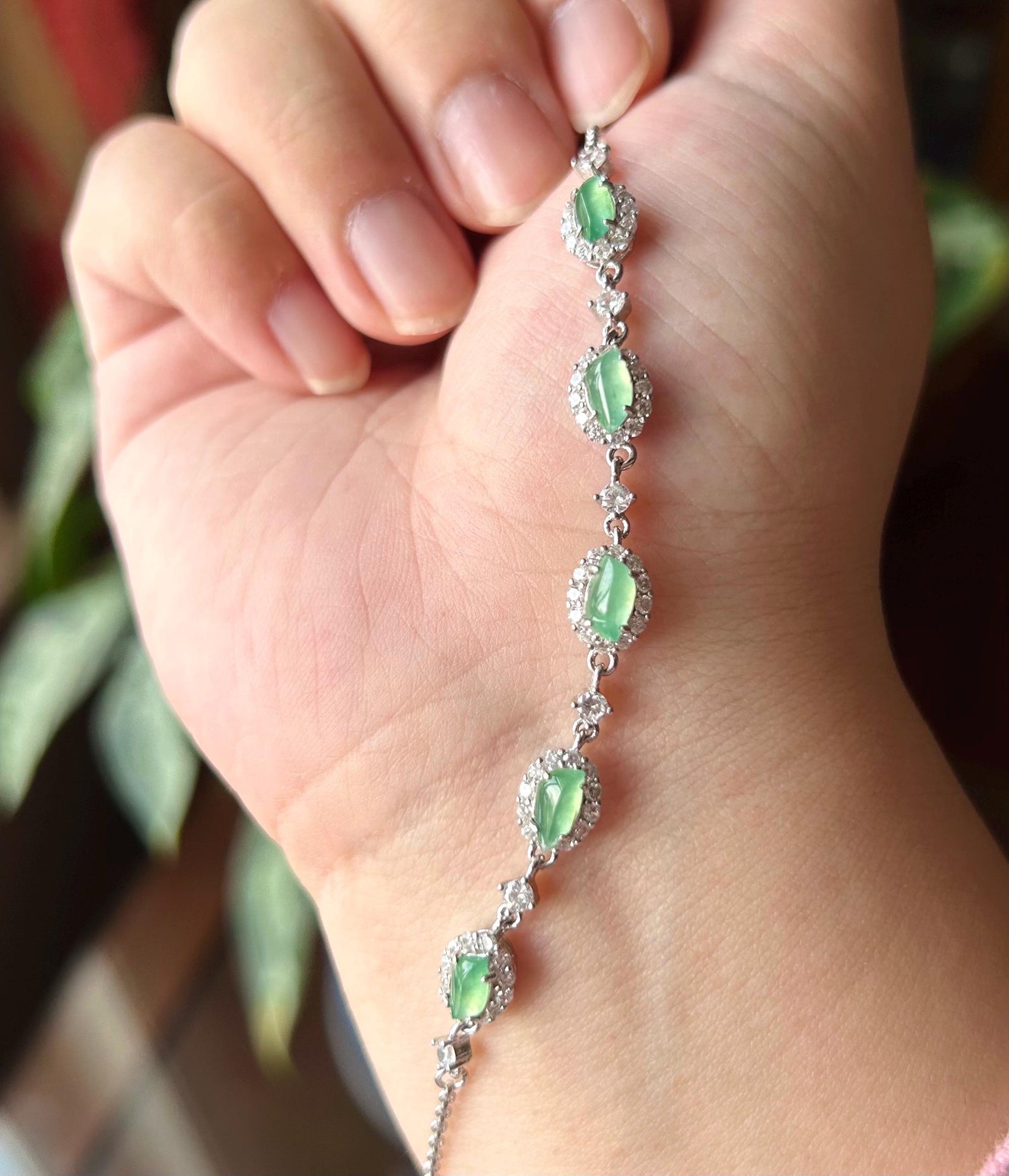 Natural Jadeite Marquise Bracelet, Burmese Type A Superior Translucency Icy White or Mint Green Fine Jade in 925 Sterling Silver