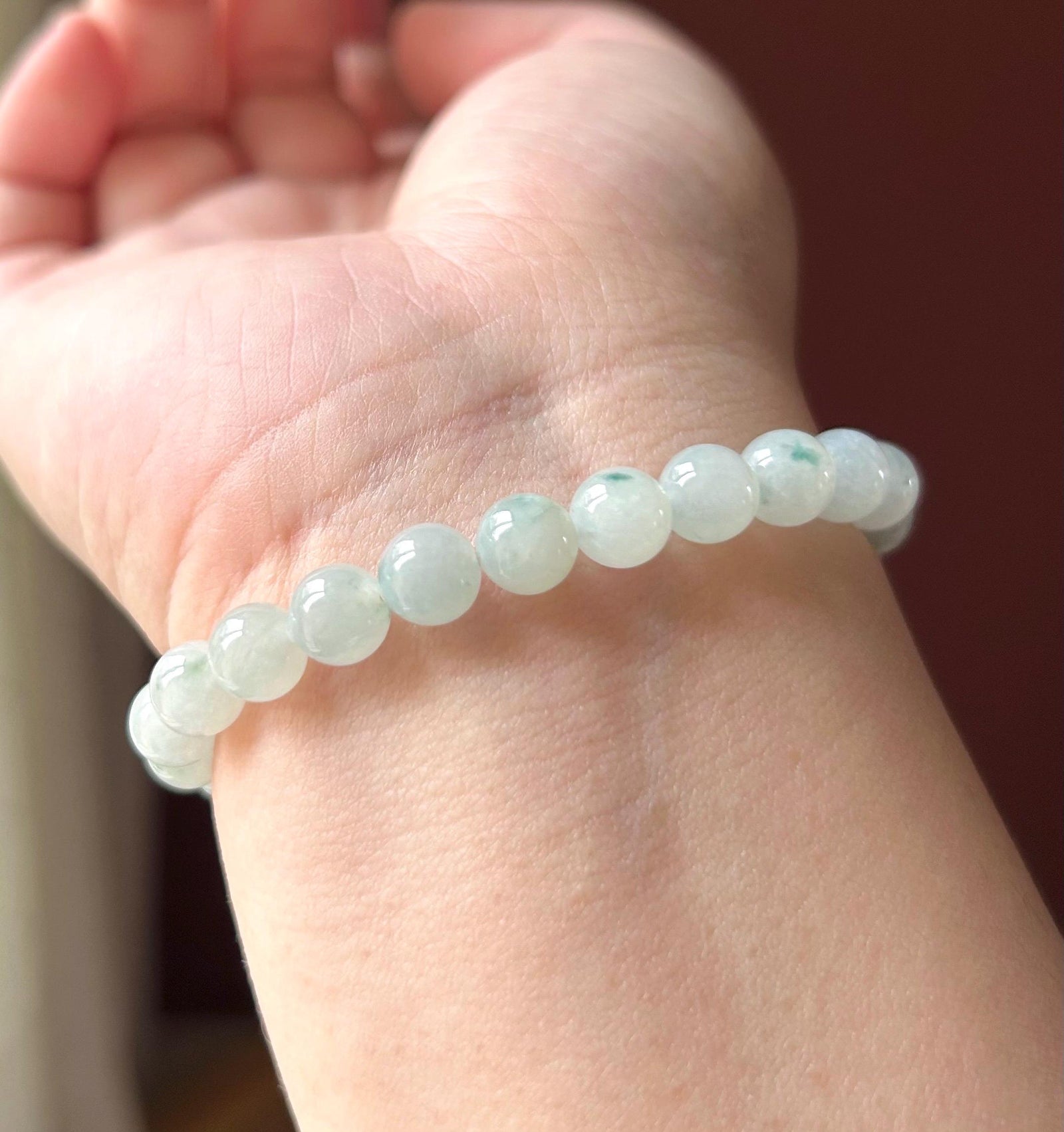 Natural Burmese Type A Jadeite Beaded Bracelet – Icy Translucent Light Blue Floral Jade, 7.4mm