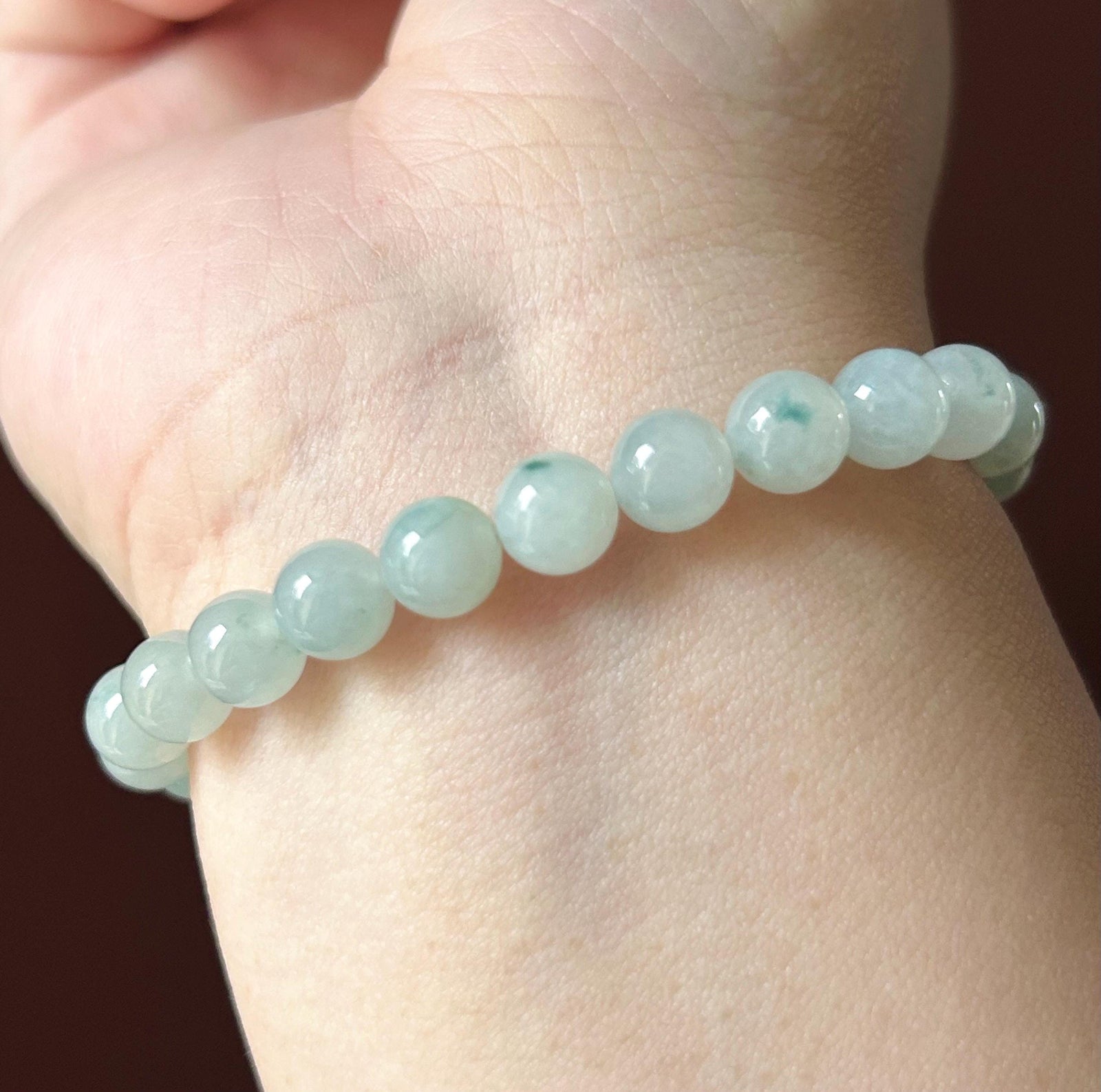 Natural Burmese Type A Jadeite Beaded Bracelet – Icy Translucent Light Blue Floral Jade, 7.4mm