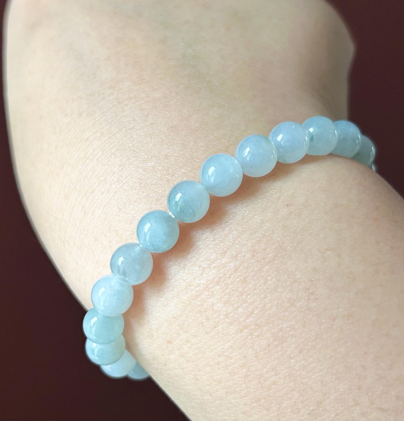Natural Burmese Type A Jadeite Beaded Bracelet – Icy Translucent Light Blue Floral Jade, 7.4mm