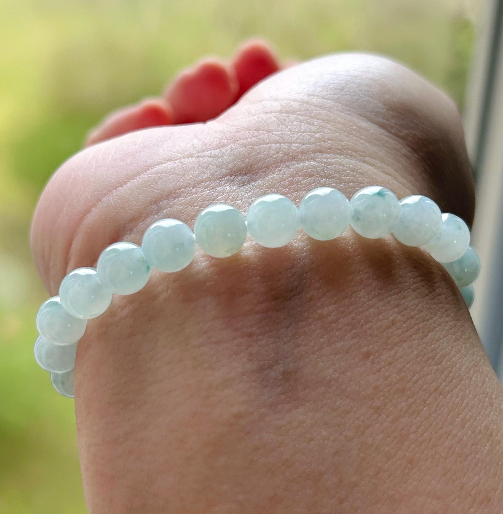 Natural Burmese Type A Jadeite Beaded Bracelet – Icy Translucent Light Blue Floral Jade, 7.4mm