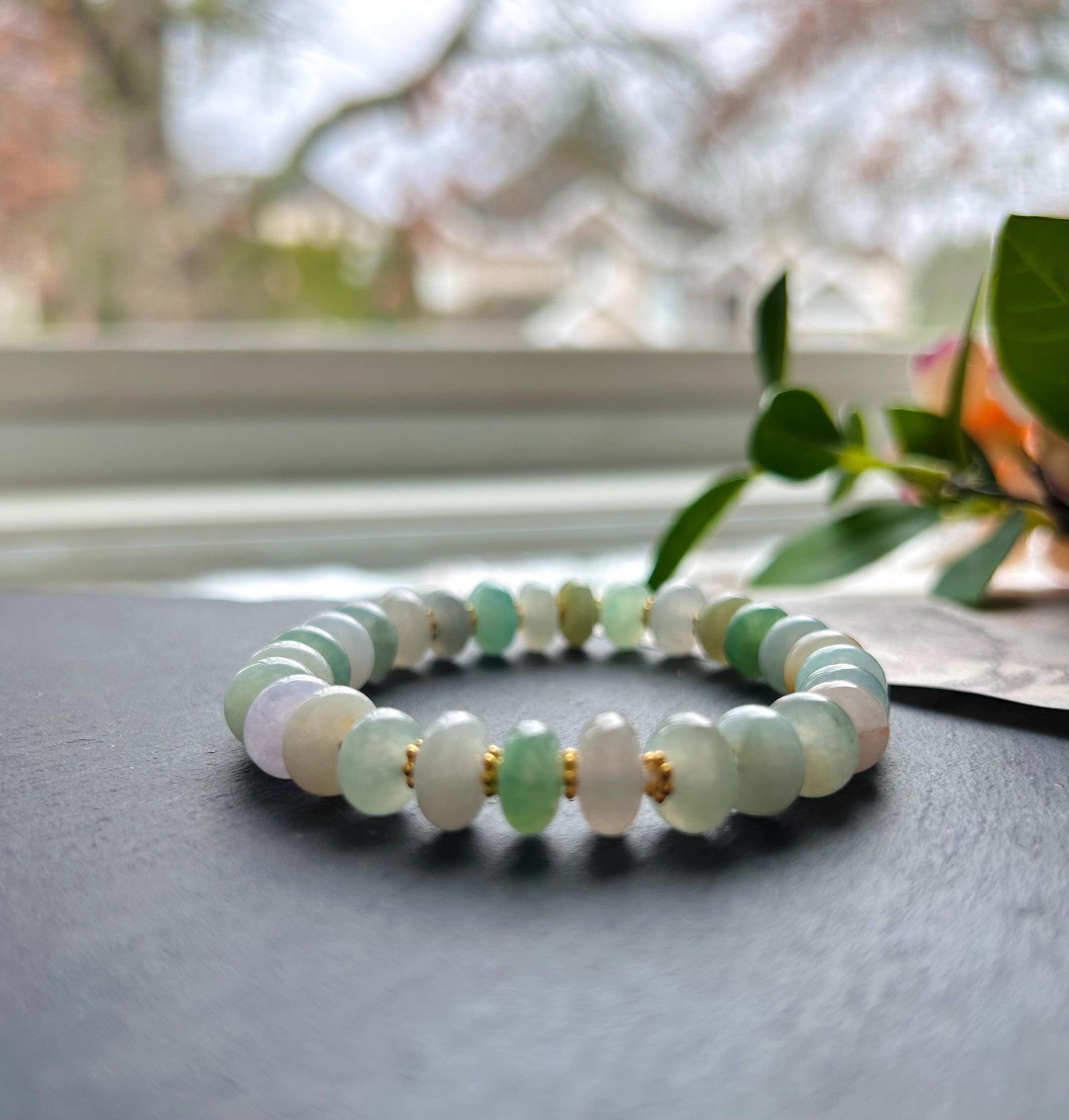 Natural Burmese Type A Jadeite Beaded Bracelet – Icy Translucent Multicolor Jade, 9mm