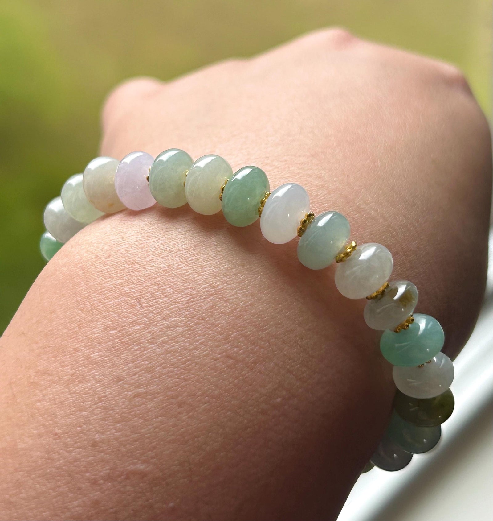 Natural Burmese Type A Jadeite Beaded Bracelet – Icy Translucent Multicolor Jade, 9mm