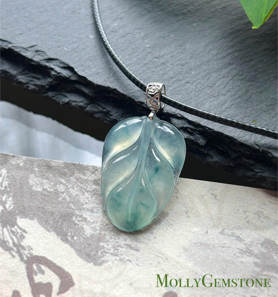 Natural Burmese Type A Jadeite Leaf Pendant – Icy Green/Blue Floral Super High Translucency Jade, Solid 18K Gold Bail