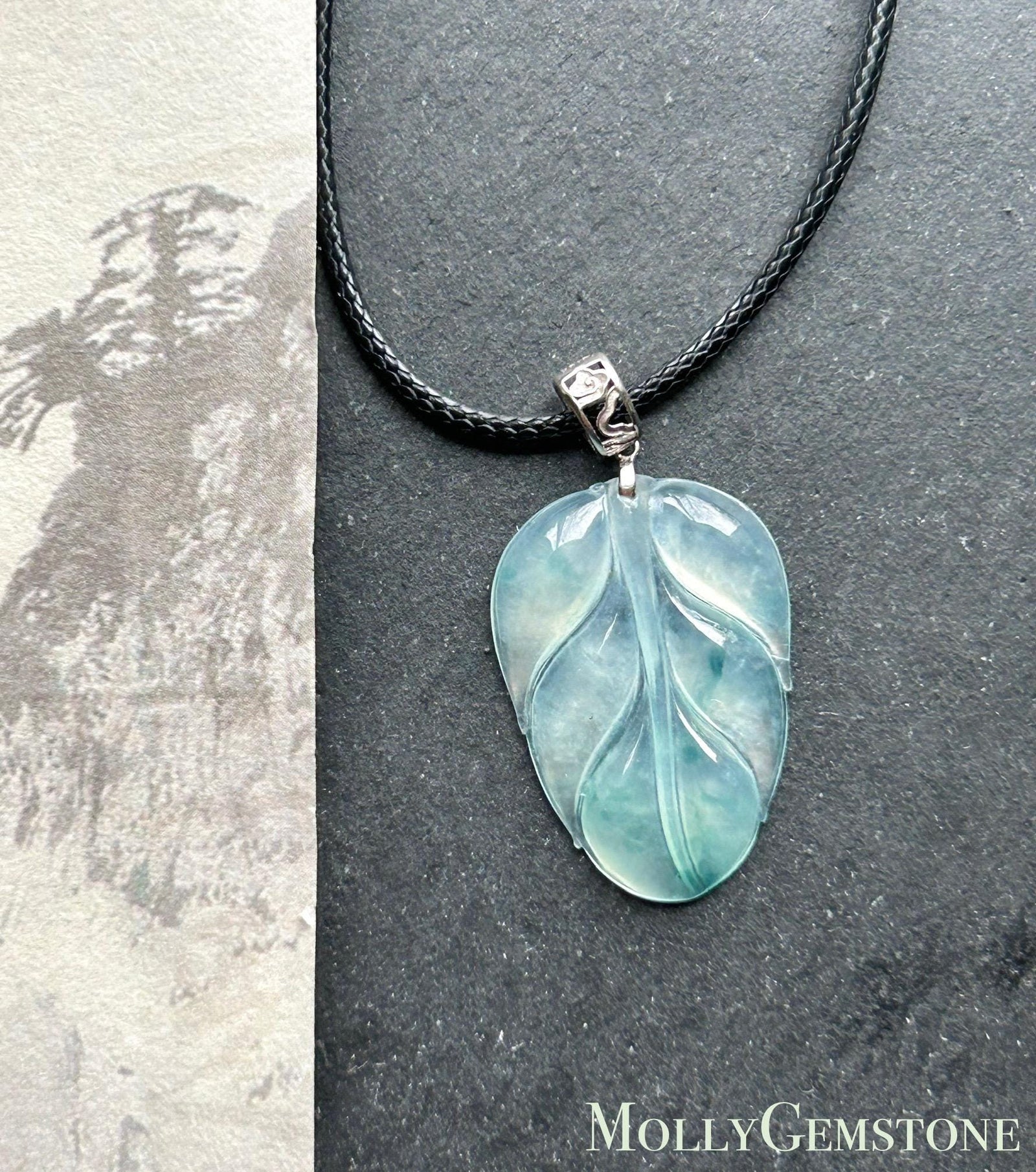 Natural Burmese Type A Jadeite Leaf Pendant – Icy Green/Blue Floral Super High Translucency Jade, Solid 18K Gold Bail