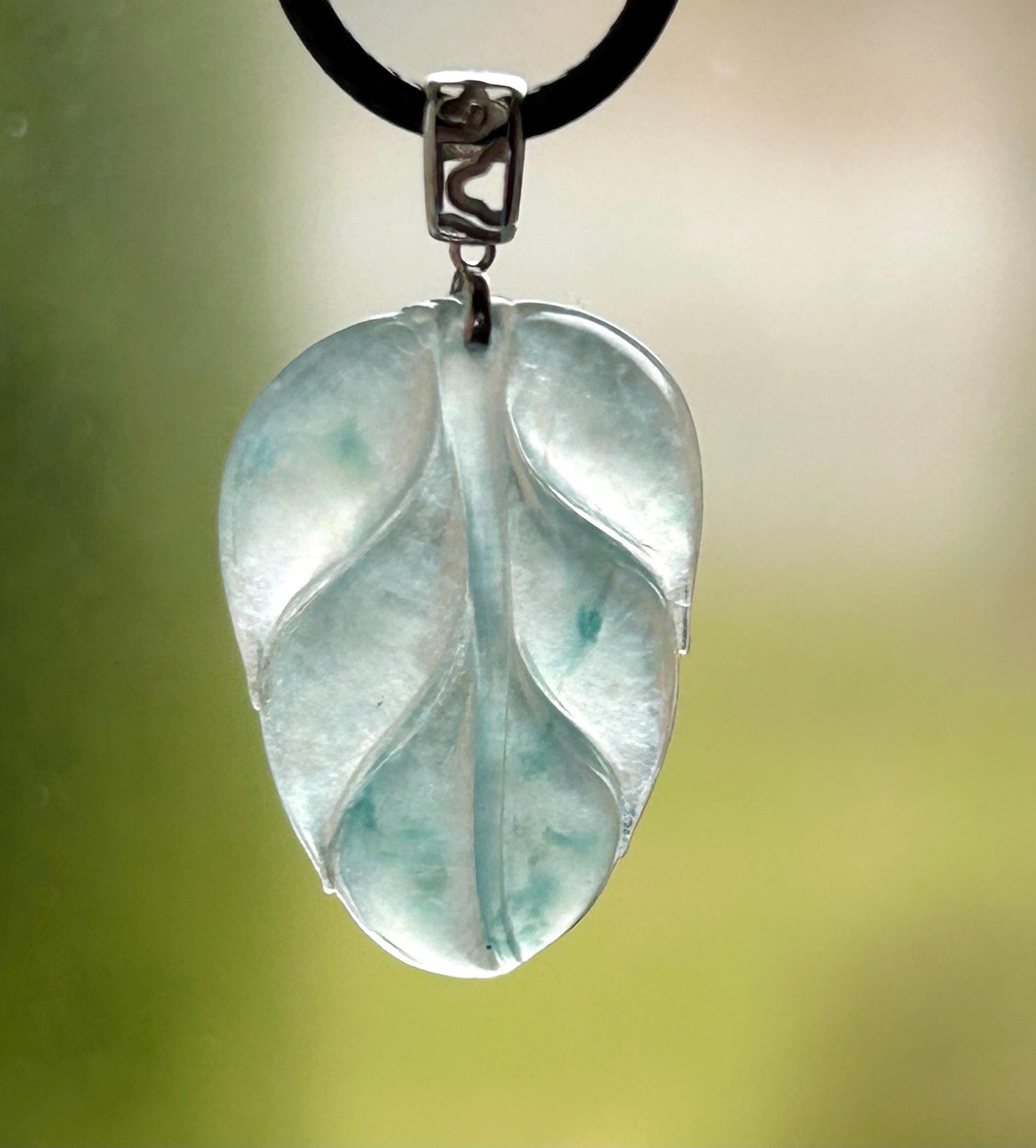 Natural Burmese Type A Jadeite Leaf Pendant – Icy Green/Blue Floral Super High Translucency Jade, Solid 18K Gold Bail