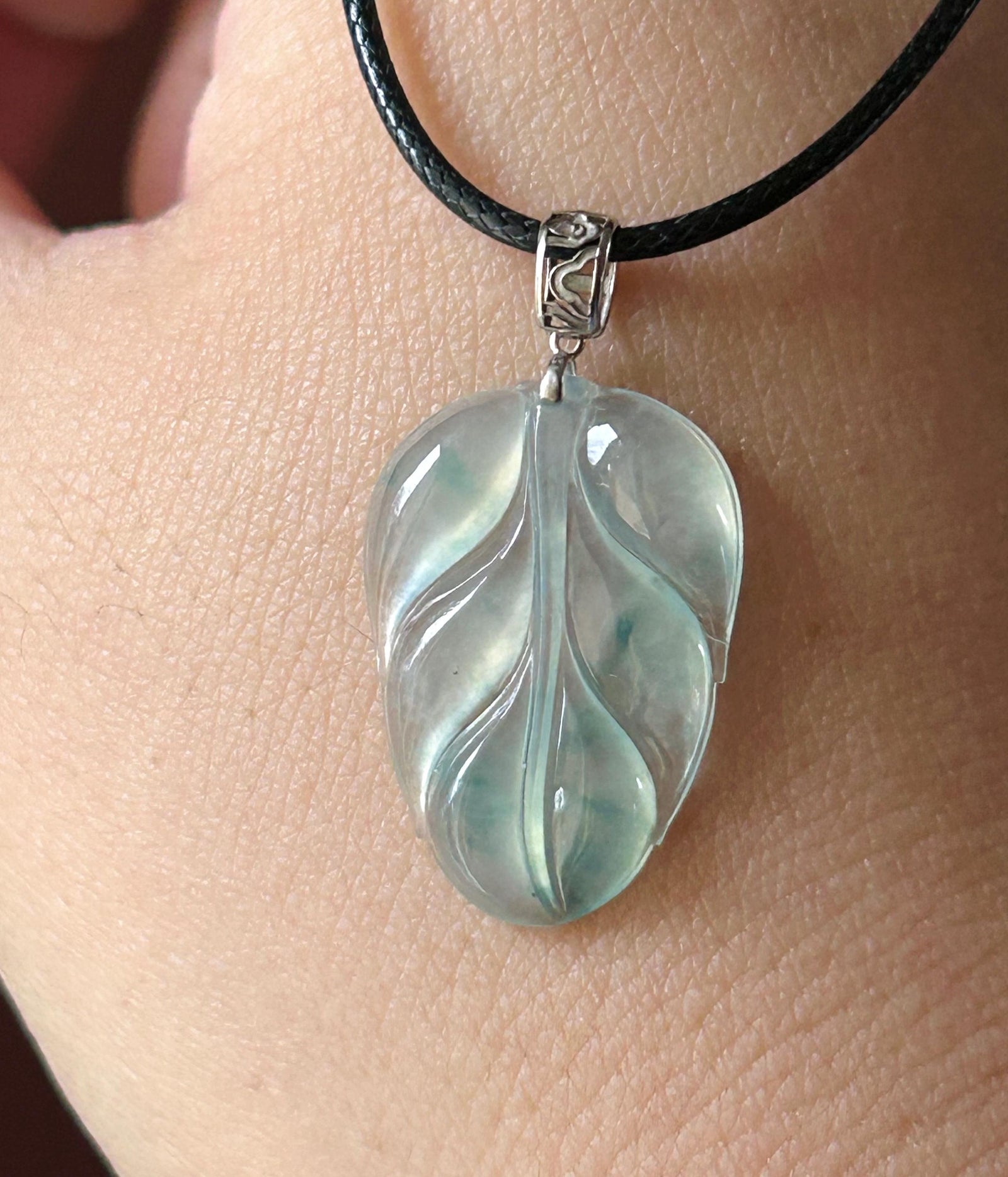 Natural Burmese Type A Jadeite Leaf Pendant – Icy Green/Blue Floral Super High Translucency Jade, Solid 18K Gold Bail