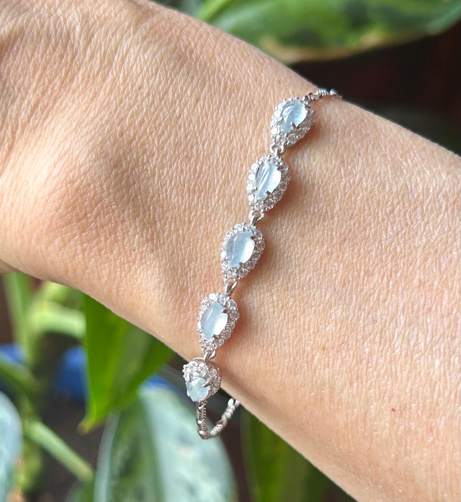 Natural Jadeite Marquise Bracelet, Burmese Type A Superior Translucency Icy White or Mint Green Fine Jade in 925 Sterling Silver