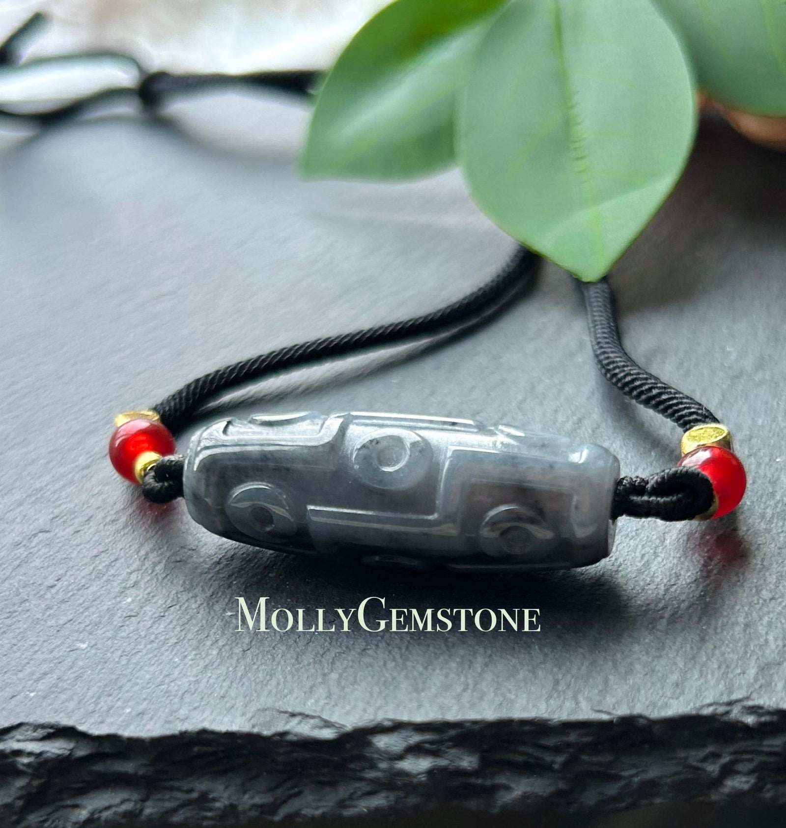 Natural Black Jadeite Dzi Bead Adjustable Handwoven Necklace Burmese Type A Icy Gelatinous Wuji Jade Protection & Grounding