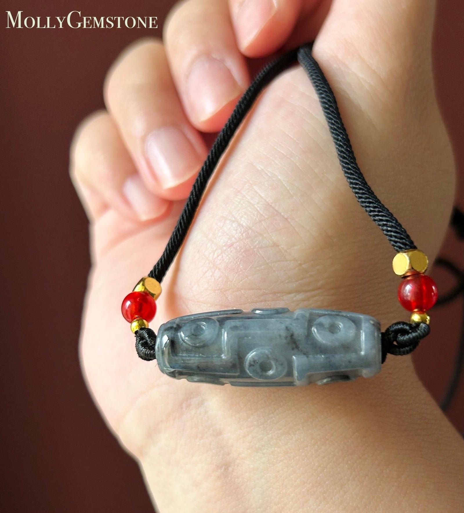 Natural Black Jadeite Dzi Bead Adjustable Handwoven Necklace Burmese Type A Icy Gelatinous Wuji Jade Protection & Grounding