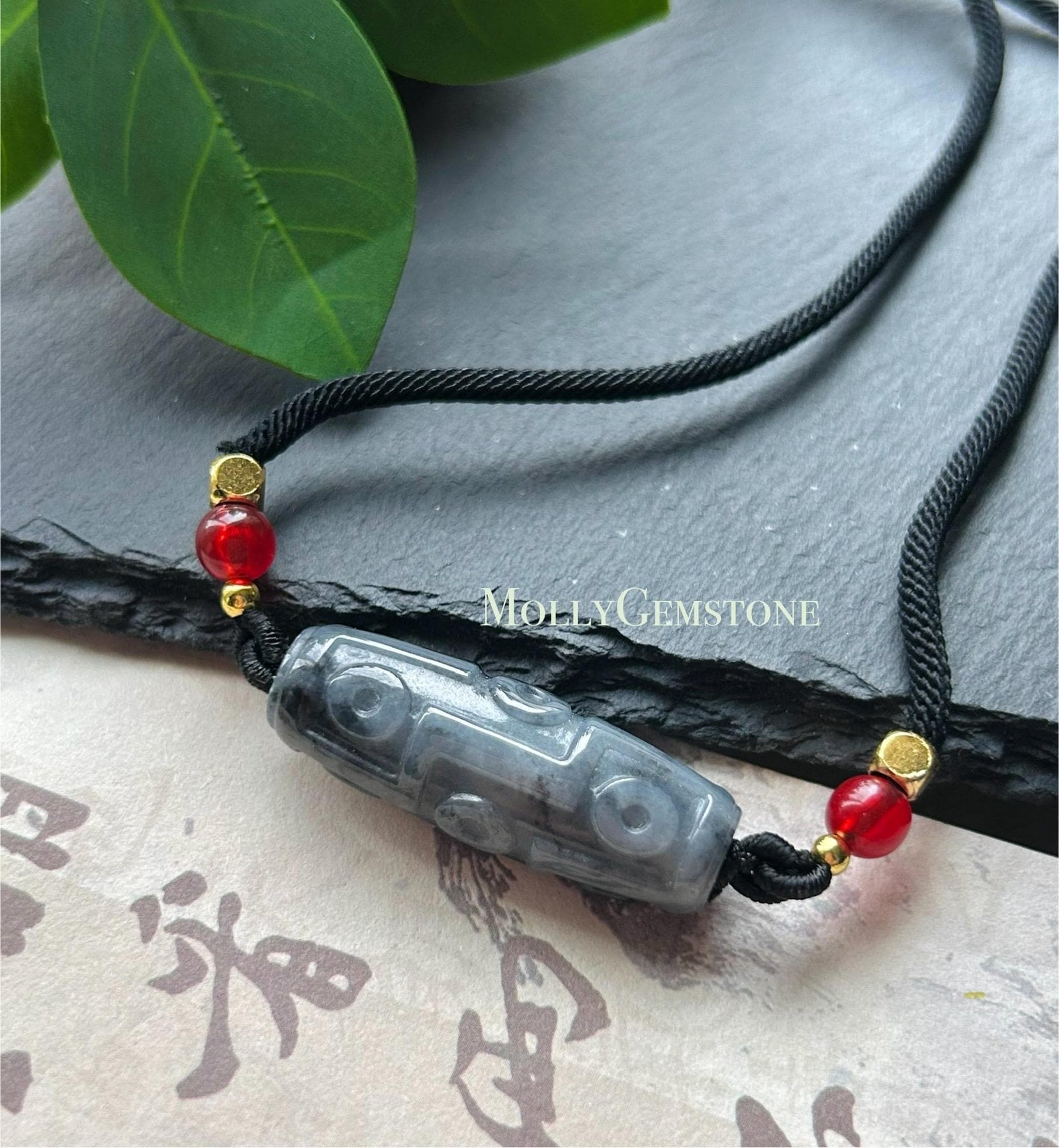 Natural Black Jadeite Dzi Bead Adjustable Handwoven Necklace Burmese Type A Icy Gelatinous Wuji Jade Protection & Grounding