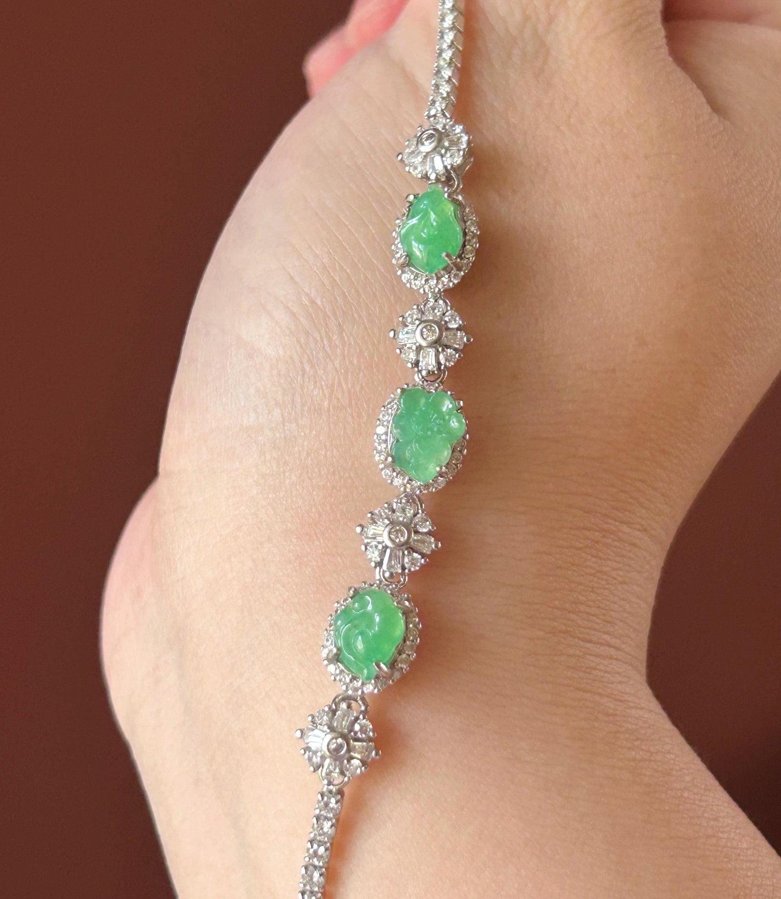 Certified Natural Jadeite Floral Bracelet, Burmese Type A Icy Translucent Vivid Green Jade Magnolia Peach Blossom Lingzhi Carving & Silver