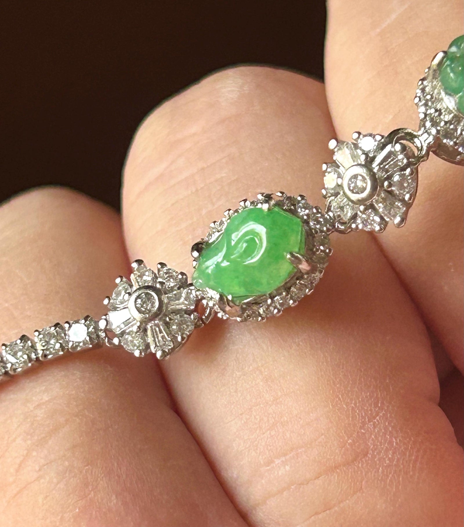 Certified Natural Jadeite Floral Bracelet, Burmese Type A Icy Translucent Vivid Green Jade Magnolia Peach Blossom Lingzhi Carving & Silver