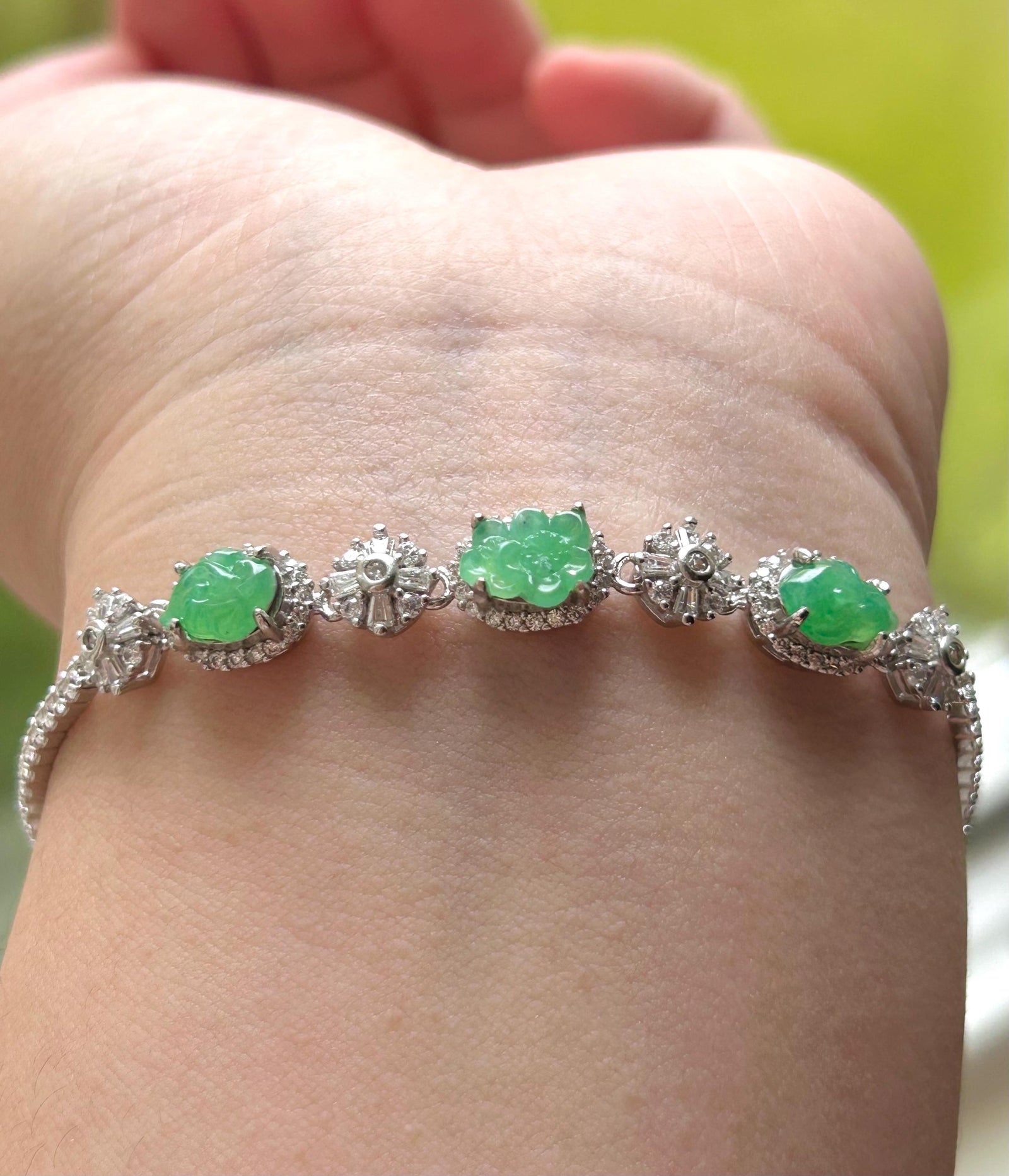 Certified Natural Jadeite Floral Bracelet, Burmese Type A Icy Translucent Vivid Green Jade Magnolia Peach Blossom Lingzhi Carving & Silver