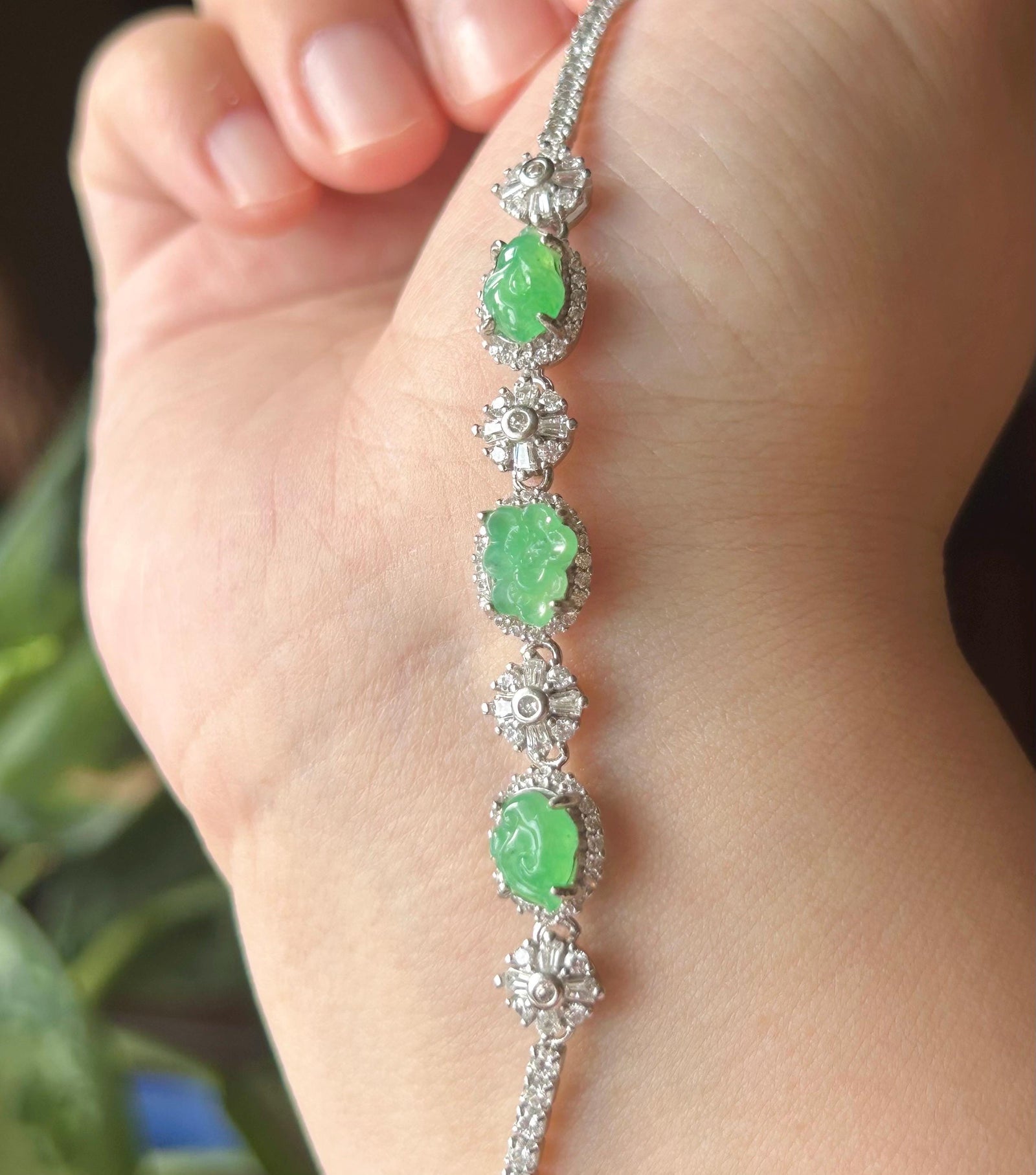 Certified Natural Jadeite Floral Bracelet, Burmese Type A Icy Translucent Vivid Green Jade Magnolia Peach Blossom Lingzhi Carving & Silver